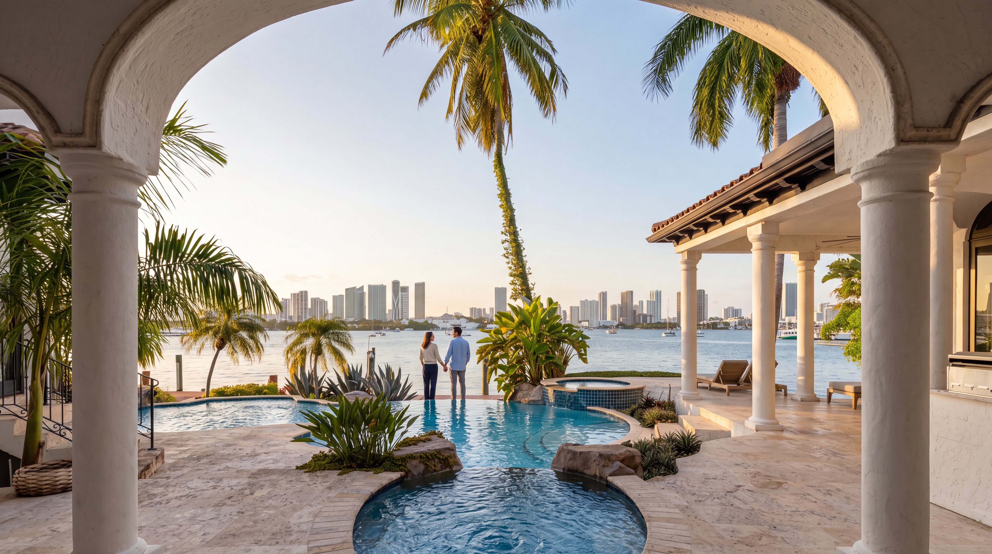 This stunning waterfront property features a luxurious infinity-edge pool and integrated spa, seamlessly blending into the panoramic views of the bay and city skyline. The expansive travertine patio, framed by elegant arched architectural columns and lush tropical landscaping, offers an exceptional setting for outdoor relaxation and entertaining. The overall impression is one of sophisticated coastal living with a highly desirable, resort-style ambiance.