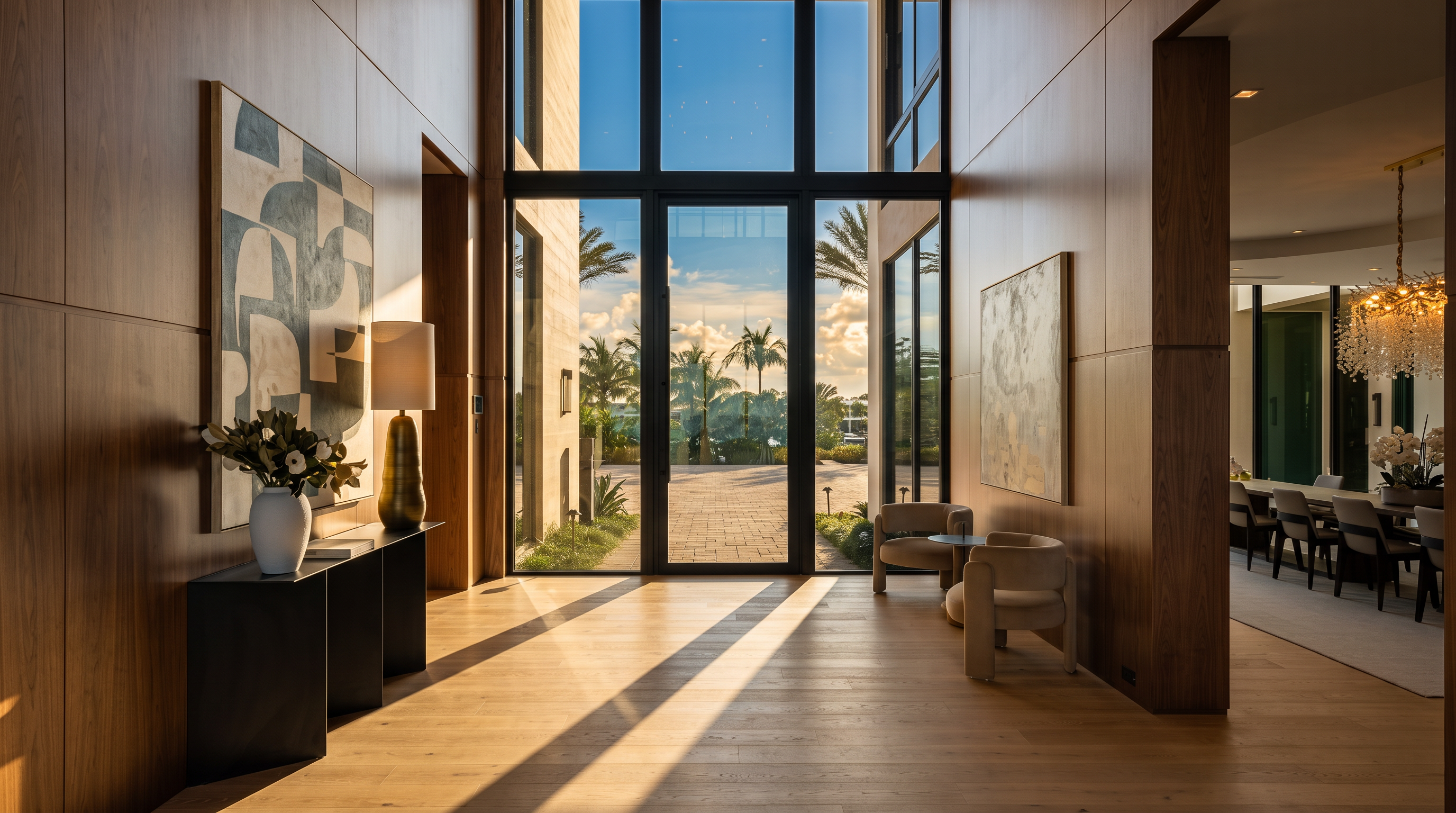 This grand entryway features light wood flooring and expansive wood-paneled walls that create a warm, sophisticated atmosphere. A massive glass door system provides a clear view of the outdoor landscape, while modern art pieces and minimalist furniture define the space. To the right, a glimpse into the dining area reveals a crystal chandelier, highlighting the open and airy architectural design.