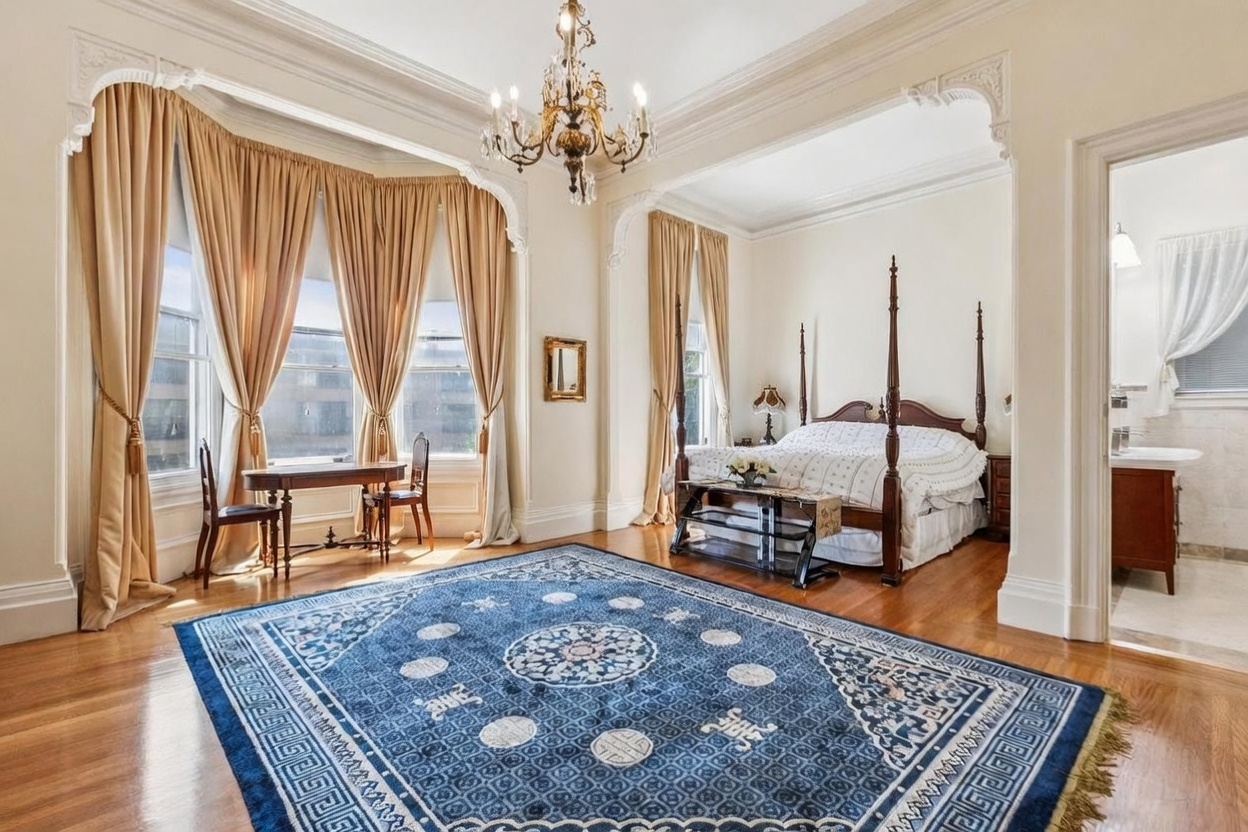 This elegant primary bedroom features a classic four-poster bed as the centerpiece, set against a backdrop of tall windows draped in gold curtains. A large, ornate blue patterned rug anchors the space, while a crystal chandelier hangs from the ceiling, adding a touch of sophistication. The room flows into an adjacent bathroom, showcasing a bright and airy layout with traditional architectural details.