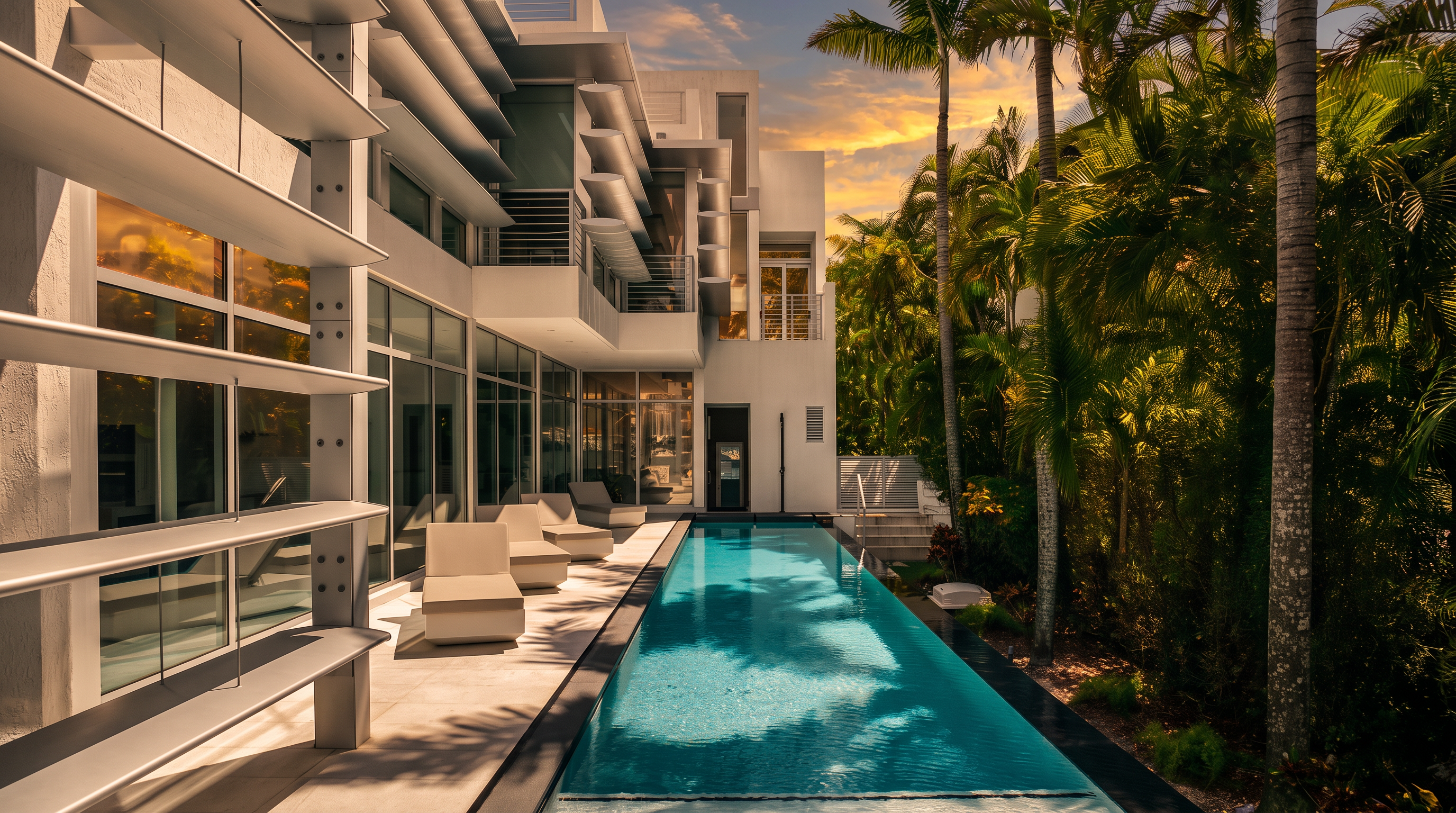 This modern, multi-level residence features a sleek, minimalist design with extensive glass walls and white architectural accents. A long, rectangular lap pool runs parallel to the home, bordered by a paved deck with lounge chairs and lush tropical landscaping. The perspective captures the seamless transition between the indoor living spaces and the private outdoor oasis.
