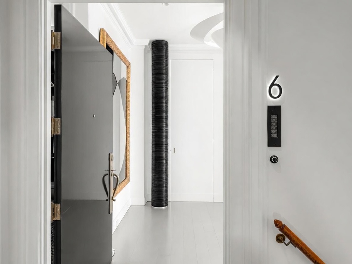This image captures a sophisticated entryway or hallway featuring a dark, modern door with a sleek metal handle and a prominent number six mounted on the wall. A striking, textured black cylindrical column stands as a focal point in the corridor, leading the eye toward a minimalist white door at the end of the hall. To the left, a large mirror with a decorative gold frame adds a touch of elegance, while a wooden handrail on the right suggests the presence of a staircase.