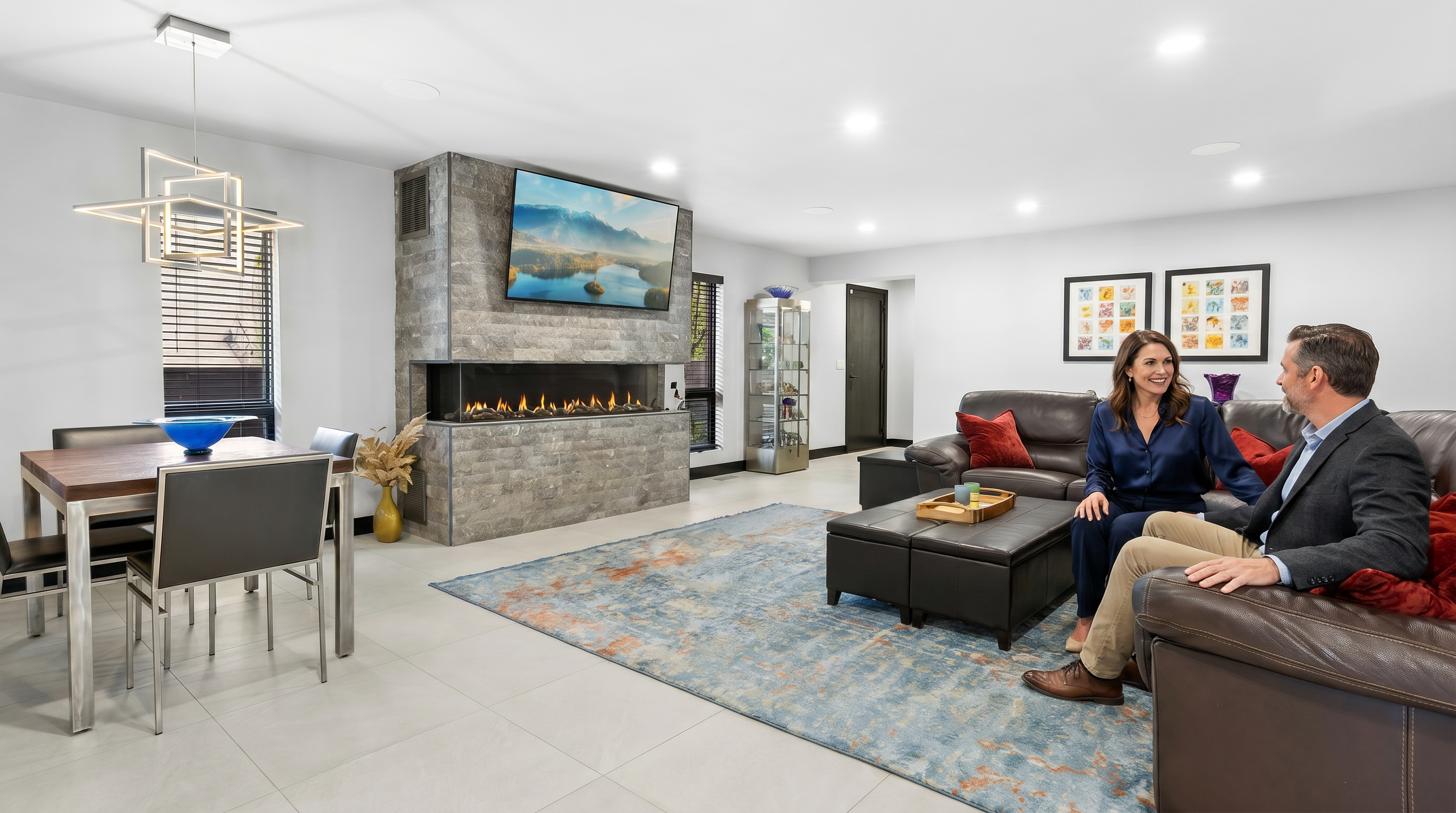 This open-concept living and dining area features a striking floor-to-ceiling stone fireplace with a built-in linear firebox and a mounted television. The space is anchored by a large, textured blue area rug, a spacious dark leather sectional, and a modern dining set, all set against light-colored tile flooring. The room is brightly lit with recessed lighting and a contemporary chandelier, creating a sophisticated and inviting atmosphere.