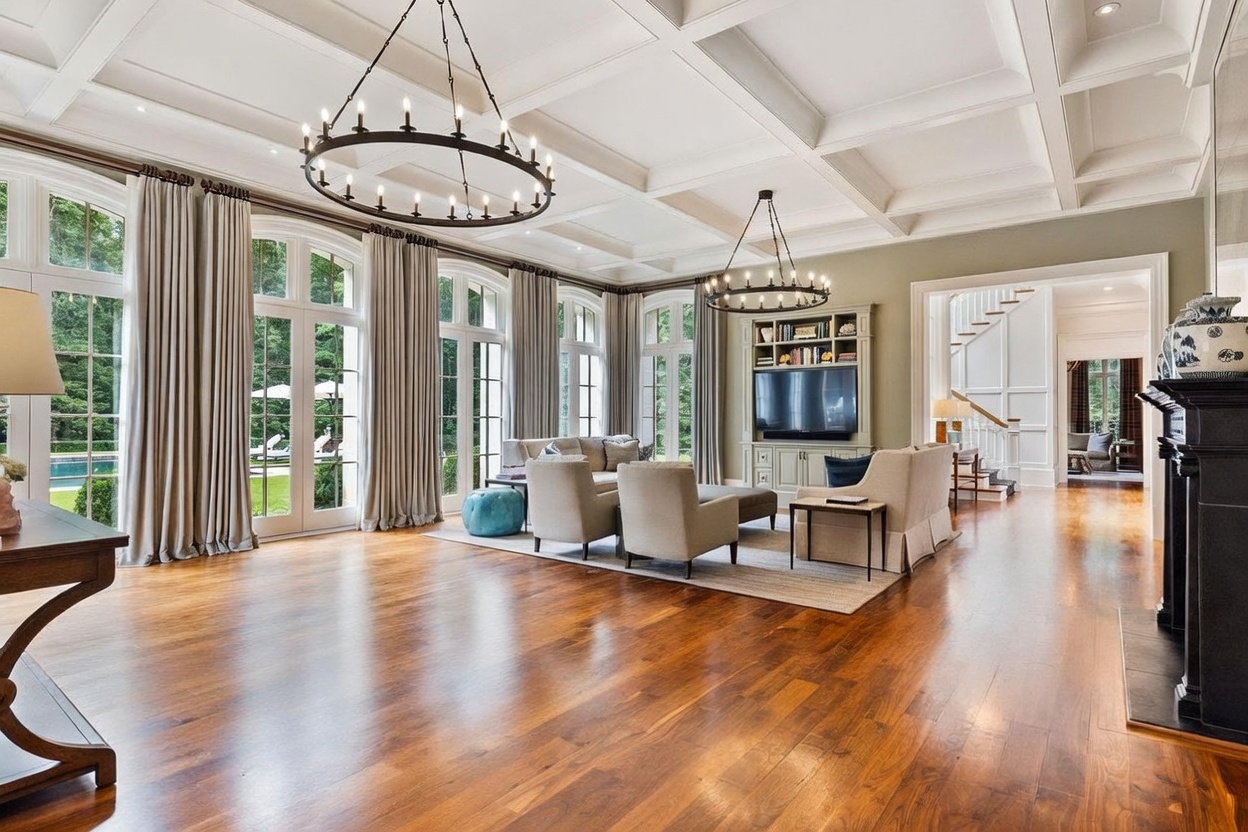 This expansive living room features rich hardwood flooring, a coffered ceiling, and two large circular chandeliers. Tall windows with floor-length curtains line the wall, providing views of the outdoor pool area, while a built-in media cabinet anchors the space. The room is furnished with a neutral-toned seating arrangement, creating a sophisticated and airy atmosphere.