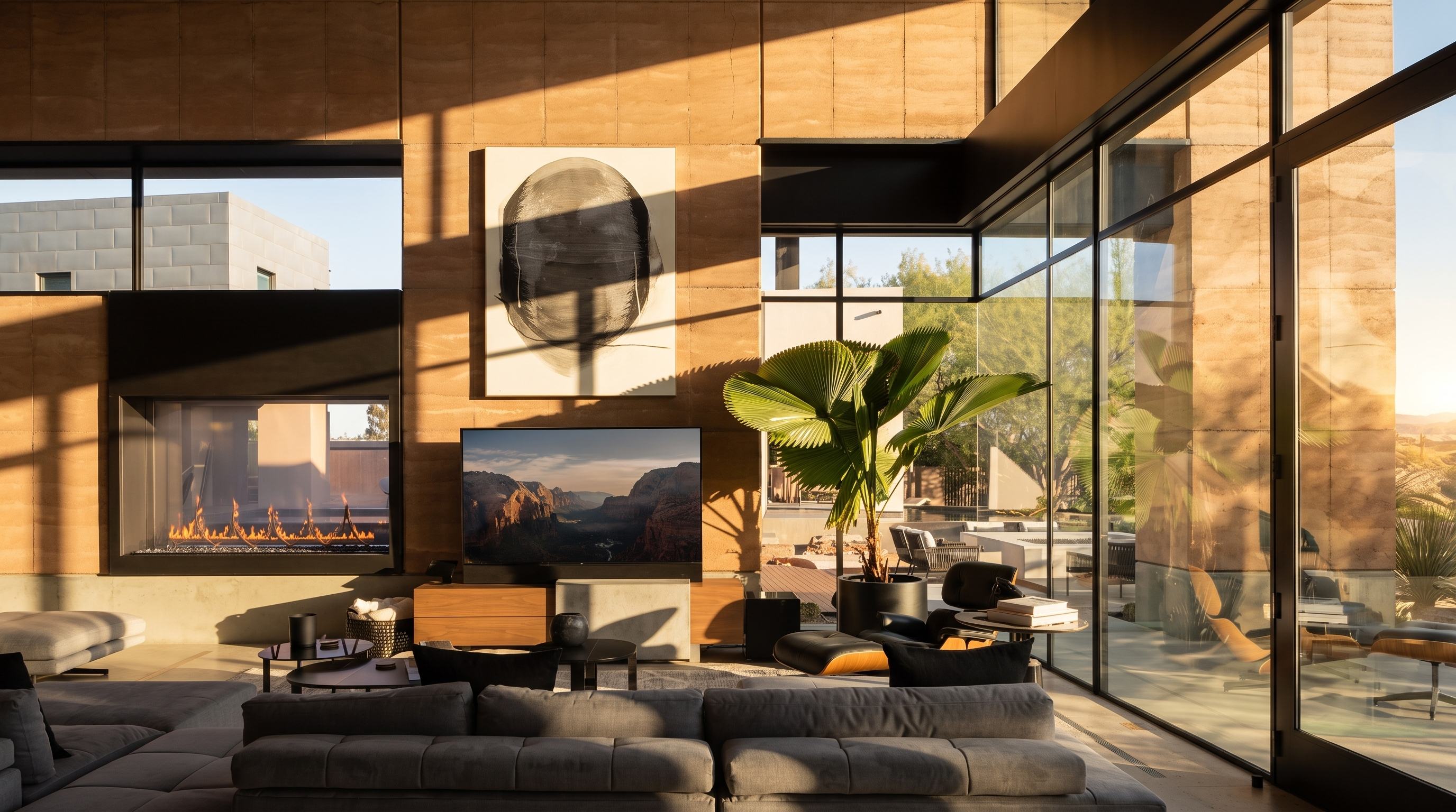 This sophisticated living room features a striking, textured wall with a built-in fireplace and a large television mounted on a light wood media console. The space is defined by expansive, floor-to-ceiling glass walls that offer a seamless connection to the outdoor patio and pool area. A large, modern sectional sofa faces the media center, while a potted palm tree adds a touch of organic texture to the bright, open-concept design.