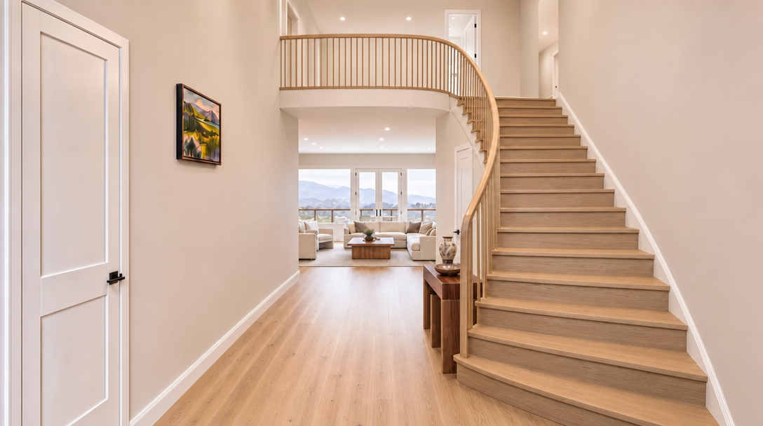 This grand foyer features an elegant curved staircase with light wood steps and a sleek wooden railing, creating a striking architectural focal point. The airy, open-concept design leads directly into a bright living room with large windows that offer scenic mountain views, emphasizing a seamless transition between spaces. Neutral wall tones, warm hardwood flooring, and minimalist decor contribute to an inviting, sophisticated, and modern aesthetic.