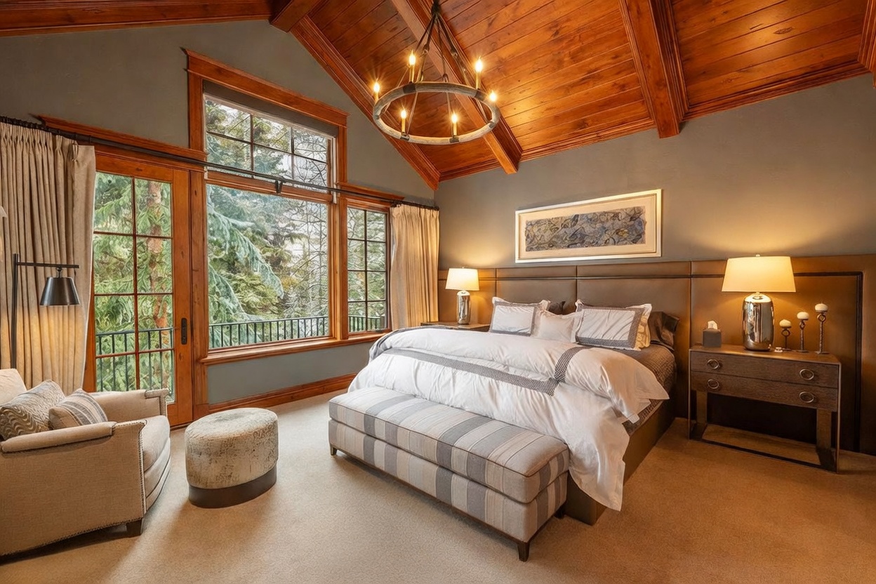 This primary bedroom features a vaulted wood-paneled ceiling and a large, leather-upholstered headboard wall that creates a sophisticated, mountain-lodge aesthetic. A plush king-sized bed is centered in the room, complemented by a patterned bench at the foot and a cozy seating area with an armchair and ottoman near the tall windows. The space is bathed in warm light from a rustic chandelier and bedside lamps, offering a serene view of the surrounding trees.