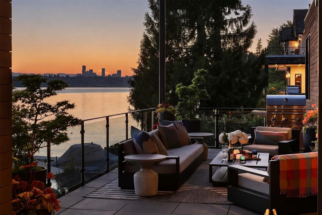 This sophisticated outdoor deck offers a stunning sunset view of a distant city skyline across a calm body of water. The space is furnished with a modern sofa, armchairs, and a low coffee table, creating an inviting lounge area perfect for entertaining. A stainless steel grill is positioned to the side, and the deck is enclosed by a sleek glass railing that ensures an unobstructed view of the scenic landscape.