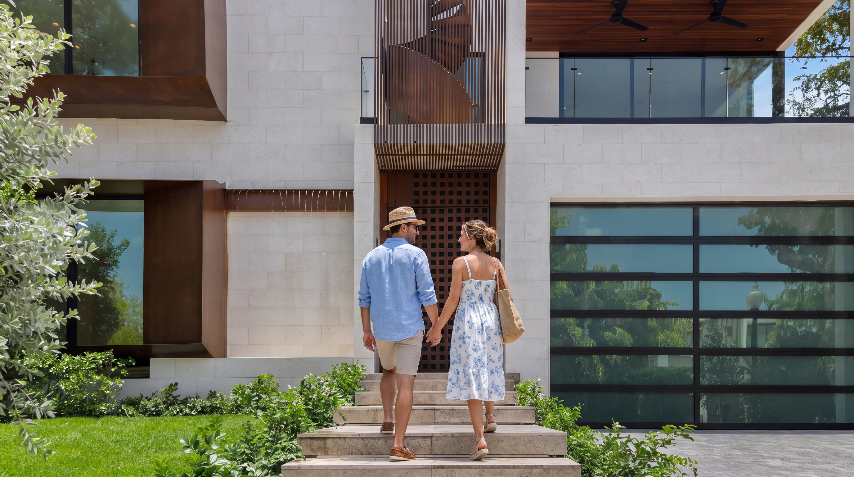 This striking modern residence features a prominent entryway characterized by a geometric, grid-patterned door framed by vertical wood slats that conceal a spiral staircase. The facade is composed of light-colored stone blocks, accented by dark metal window frames and a warm wood-paneled ceiling on the upper balcony. A set of wide, stone steps leads directly to the front door, creating a grand and inviting approach to the home.