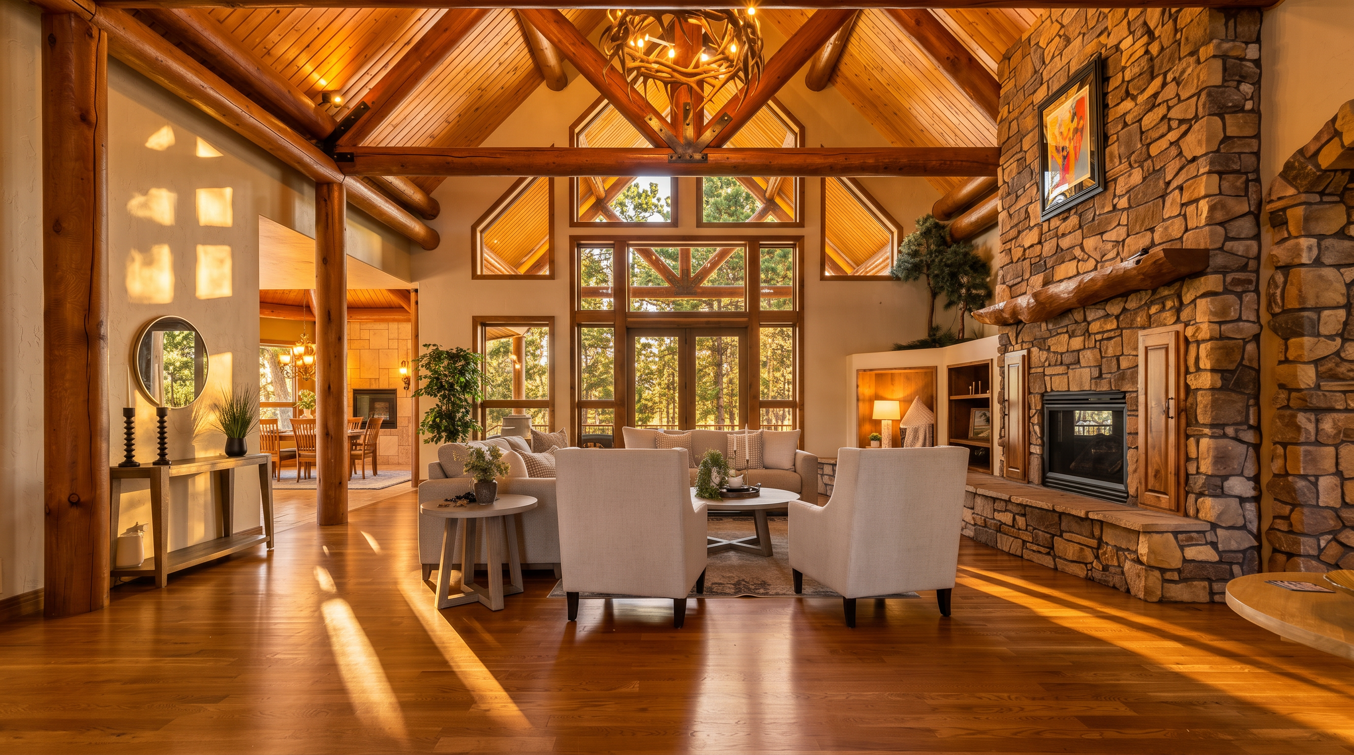 This expansive living room features a dramatic vaulted ceiling with exposed log beams and a central antler chandelier. A massive stone-clad chimney breast serves as the focal point, complemented by light-toned furniture and warm wood flooring. Large windows provide a clear view of the surrounding forest, creating a bright and airy atmosphere that emphasizes the rustic, lodge-style architecture.