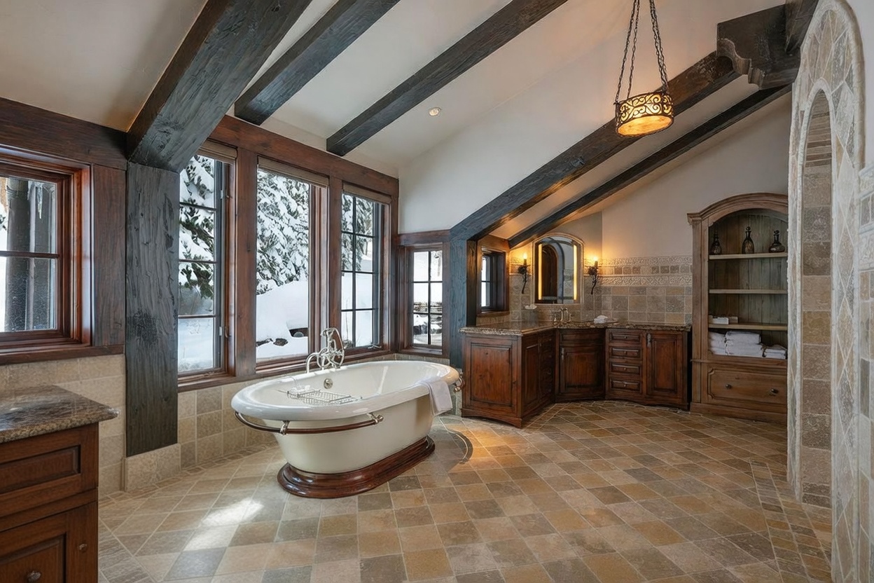 This luxurious primary bathroom features a rustic, mountain-inspired aesthetic with exposed dark wood ceiling beams and stone-tiled flooring. A freestanding soaking tub sits prominently before large windows that offer a scenic view of a snow-covered landscape, while custom wood cabinetry and a built-in shelving unit provide ample storage. The space is illuminated by a decorative hanging lantern, creating a warm and inviting atmosphere.