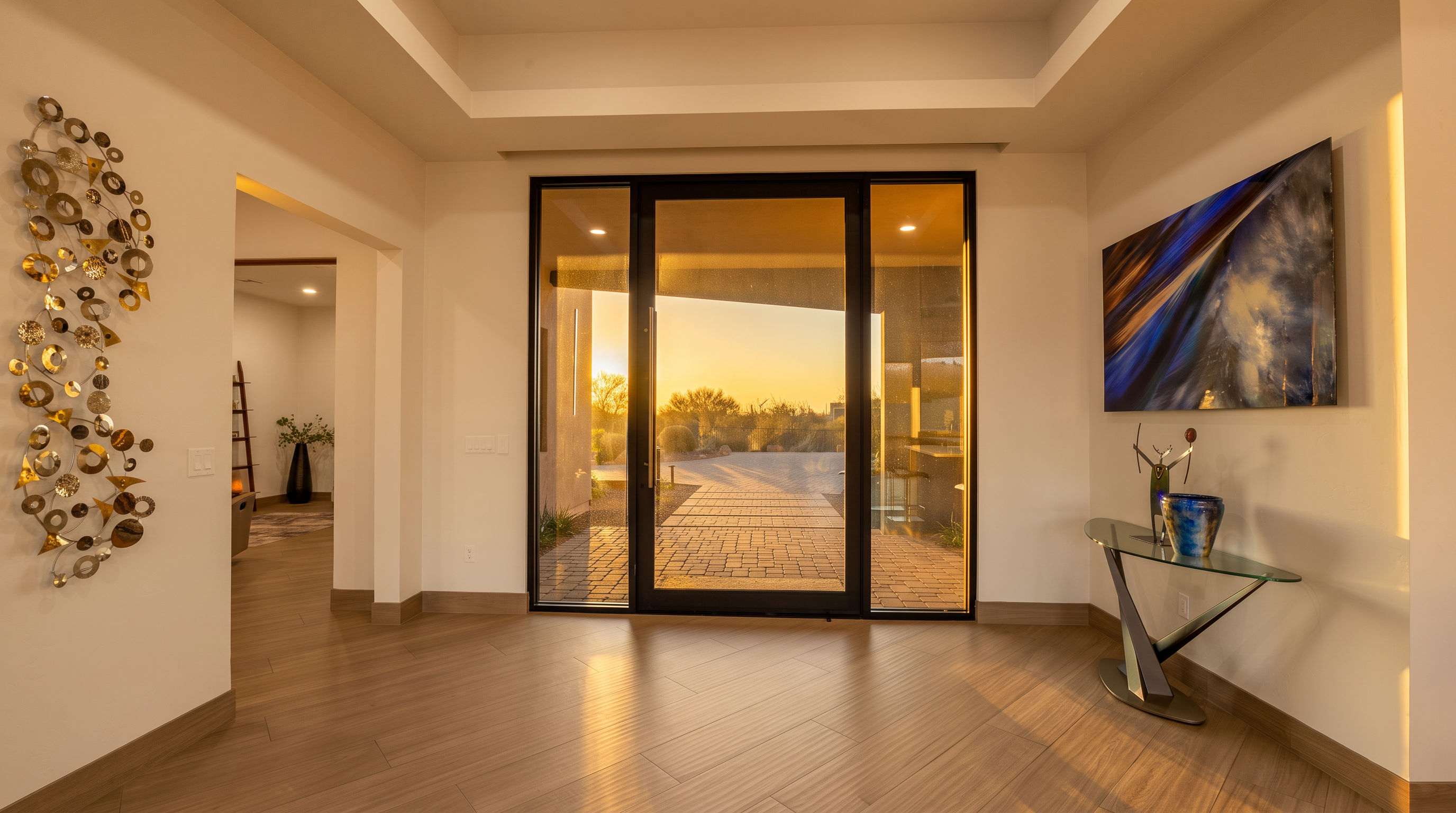 This modern entryway features a striking black-framed glass door that provides a clear view of the outdoor patio and desert landscape. The space is defined by light-toned wood-look flooring, a recessed tray ceiling, and minimalist decor, including a sculptural wall art piece and a sleek glass-topped console table. The bright, open layout creates an inviting and sophisticated first impression for the home.