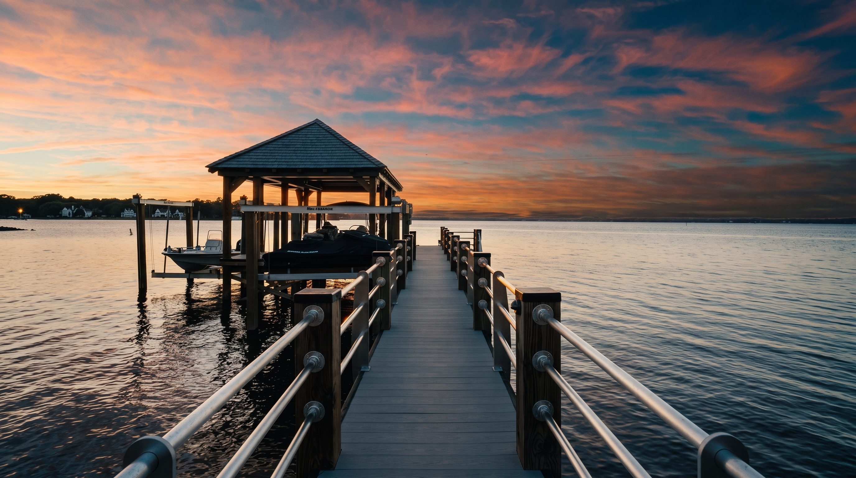 This image captures a serene waterfront view from a long, wooden pier extending into a calm lake at sunset. The pier features sturdy railings and leads to a covered boat slip housing a boat and a personal watercraft, all set against a vibrant, colorful sky. The perspective is centered and inviting, emphasizing the peaceful outdoor lifestyle and direct water access associated with the property.