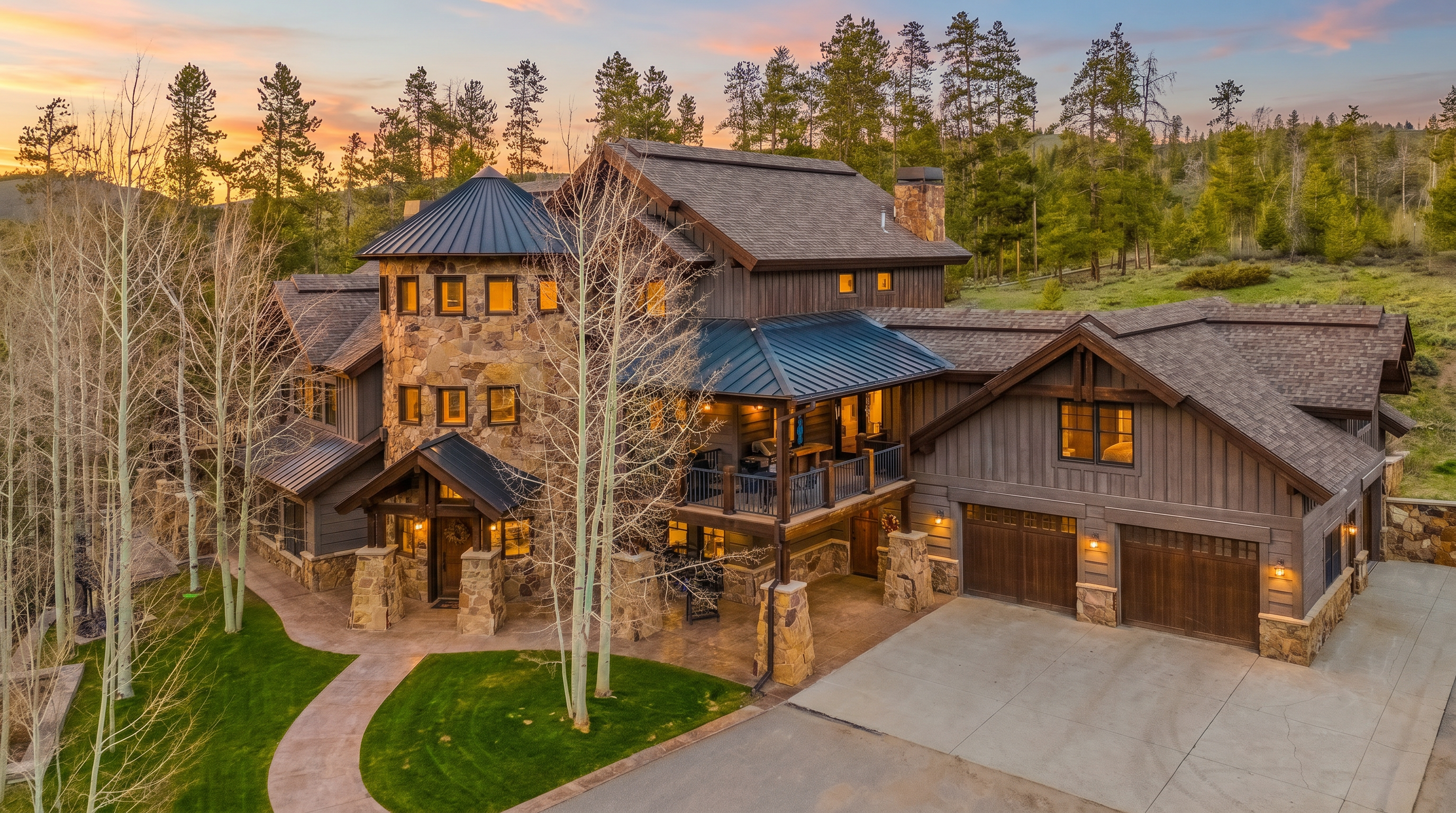 This elevated perspective captures a sprawling mountain-style estate featuring a prominent stone-clad turret and a multi-gabled roofline with dark metal and shingle accents. The home is nestled among mature pine and aspen trees, showcasing a blend of rustic stone and vertical wood siding. A paved driveway leads to a spacious two-car garage, while a covered porch and balcony provide inviting outdoor living spaces.