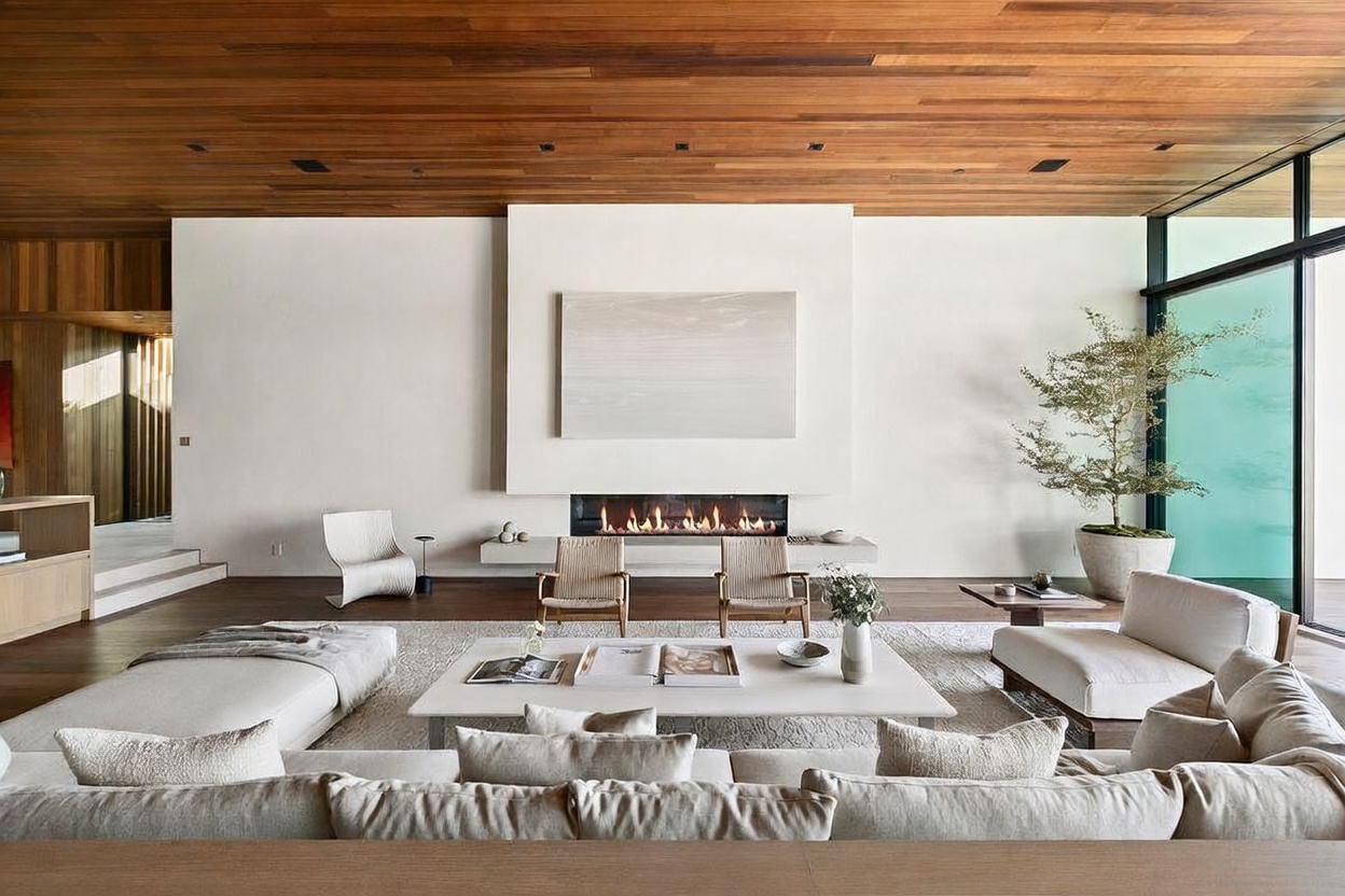 This expansive, modern living room features a striking wood-paneled ceiling and a minimalist white fireplace wall adorned with a large piece of abstract art. The space is furnished with plush, neutral-toned seating, including a large sectional and two accent chairs, arranged around a low-profile coffee table. Large floor-to-ceiling windows on the right invite natural light and provide a view of a potted tree, creating a serene and sophisticated atmosphere.