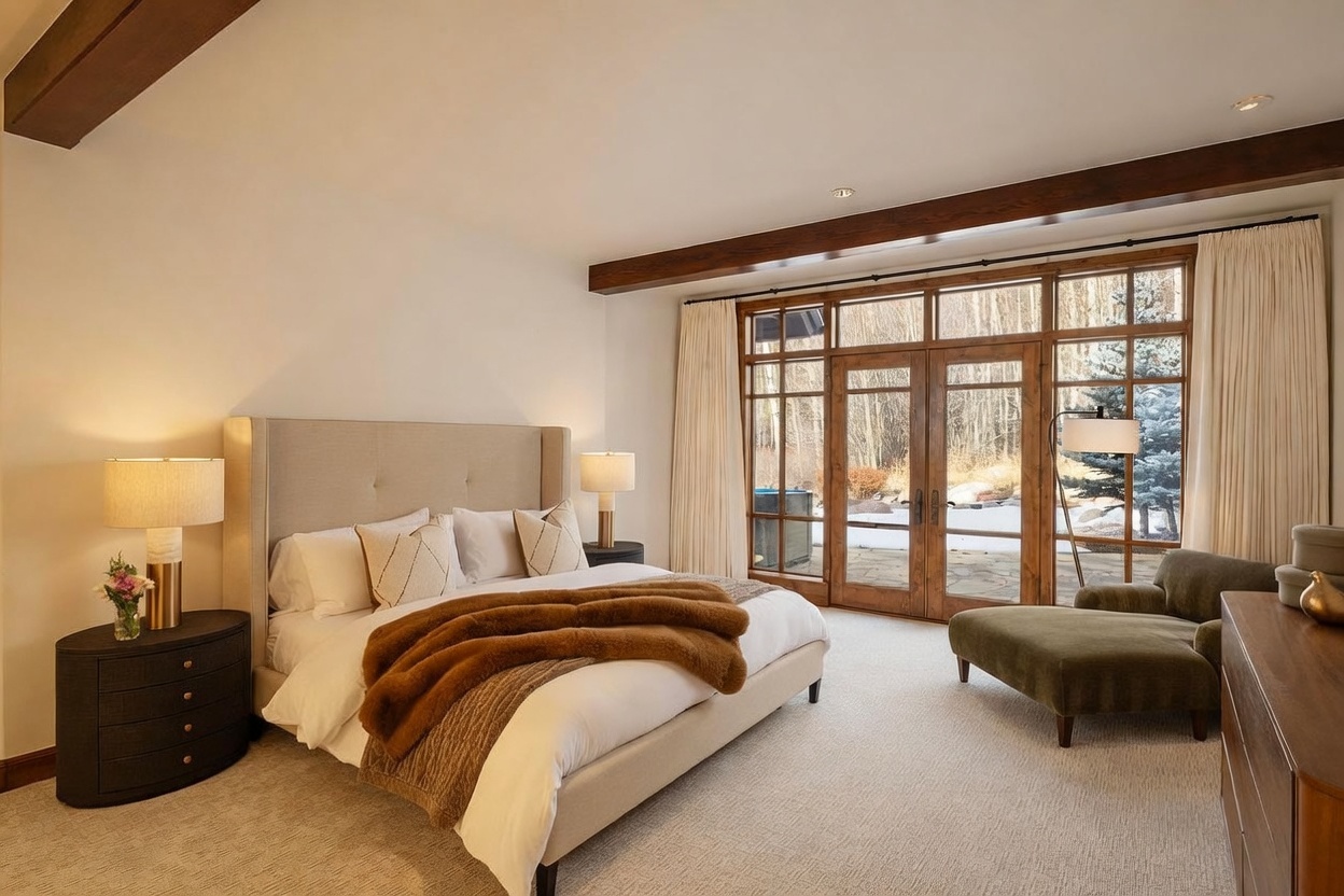 This spacious primary bedroom features a neutral color palette with a large upholstered bed as the focal point, dressed in white linens and a plush brown throw. A comfortable olive-toned chaise lounge sits near a wall of large windows and glass doors that provide abundant natural light and views of the wooded exterior. The room is accented by dark wood ceiling beams and matching bedside tables, creating a warm and inviting atmosphere.