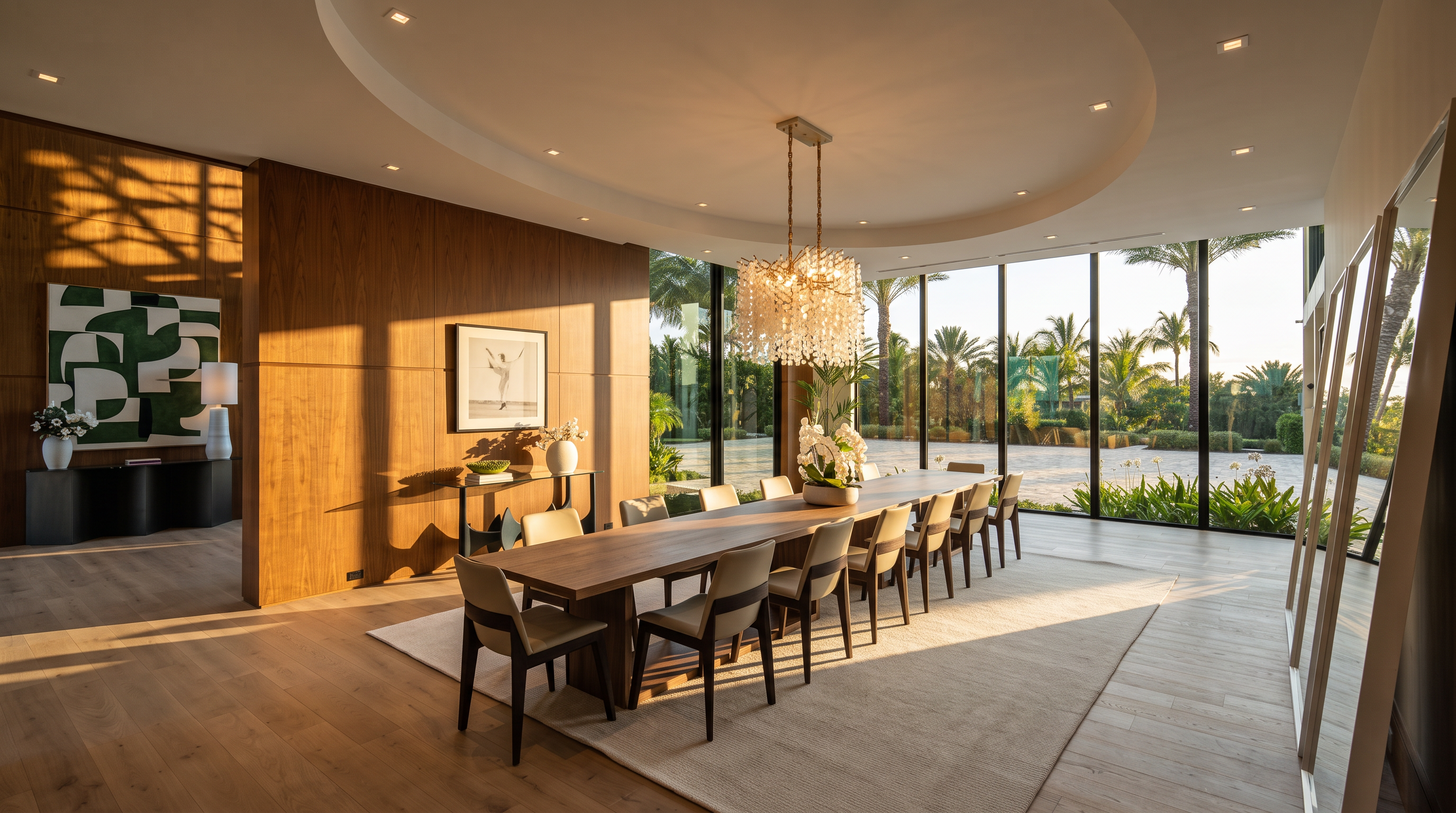 This sophisticated dining room features a long, minimalist table surrounded by twelve upholstered chairs, centered beneath a striking, multi-tiered crystal chandelier. The space is defined by a large circular recessed ceiling detail and a warm wood-paneled accent wall, while expansive floor-to-ceiling windows provide an unobstructed view of the lush, tropical outdoor landscape. A light-toned area rug anchors the dining set, creating a bright and airy atmosphere that blends modern luxury with natural elements.