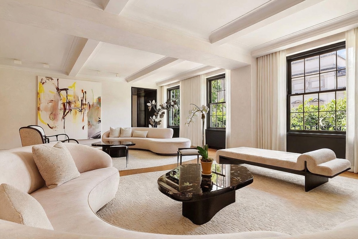 This sophisticated living room features a bright, open-concept layout with high ceilings and large windows that allow for abundant natural light. The space is furnished with curved, cream-colored sofas and a dark, polished stone coffee table, creating a luxurious and modern aesthetic. A large, abstract painting serves as a focal point on the wall, while the neutral color palette and clean lines provide an elegant and airy atmosphere.