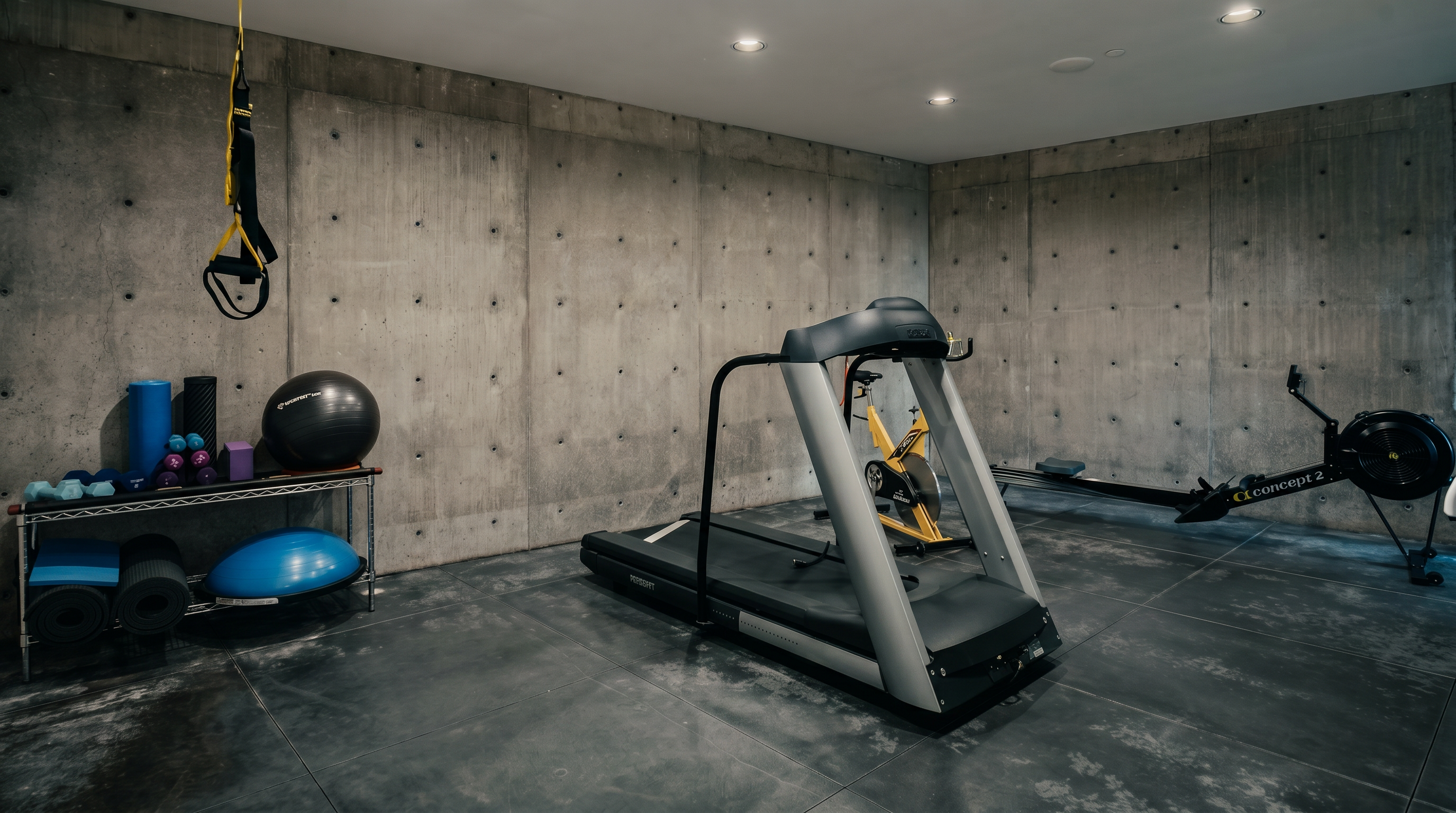 This minimalist home gym features raw concrete walls and dark, textured flooring, creating an industrial and modern aesthetic. The space is equipped with a treadmill, a rowing machine, a stationary bike, and a metal shelving unit organized with various fitness accessories like yoga balls and foam rollers. Recessed lighting illuminates the room, providing a clean and focused environment for exercise.
