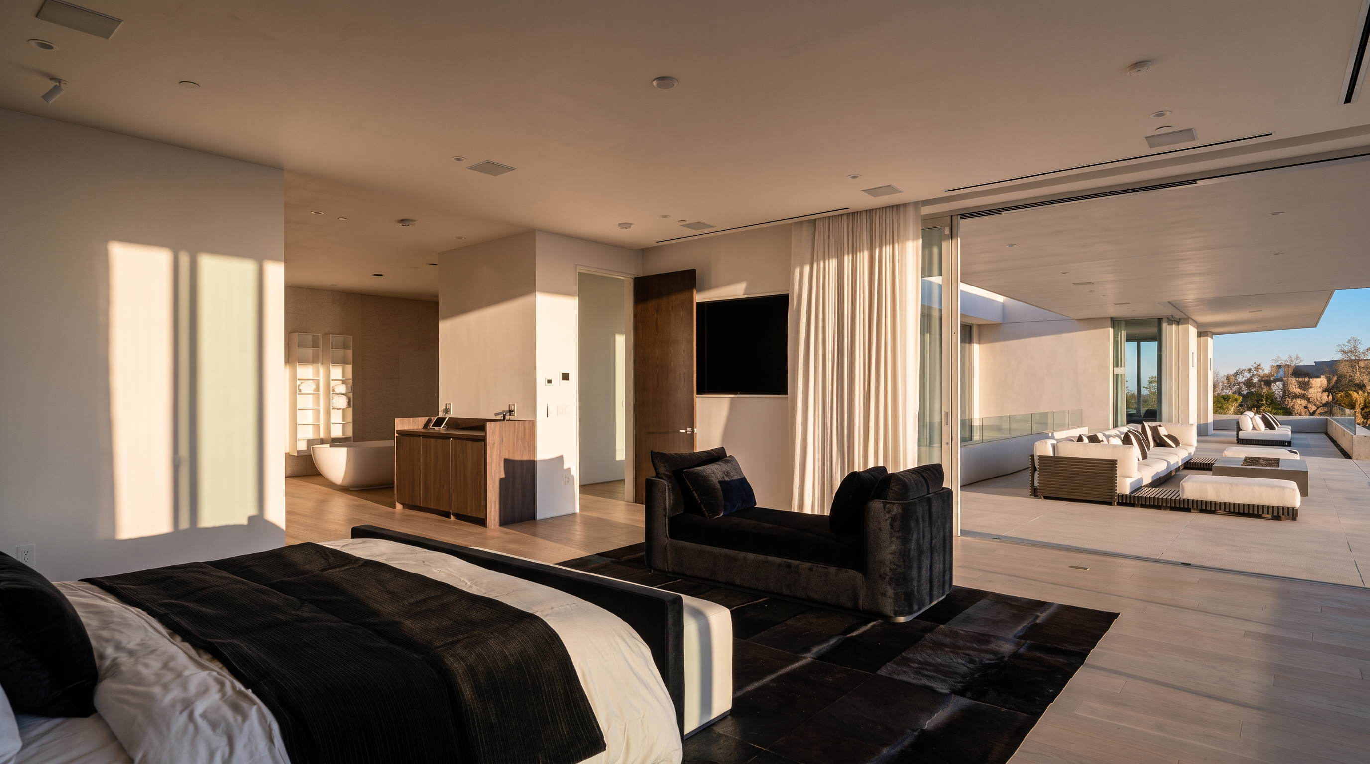 This expansive primary bedroom features a contemporary design with a neutral color palette and light wood flooring. The room includes a plush dark velvet chaise lounge, a large bed with dark bedding, and an open-concept layout that flows seamlessly onto a covered outdoor terrace through floor-to-ceiling glass doors. In the background, a minimalist vanity area and a freestanding soaking tub are visible, emphasizing a luxurious, spa-like atmosphere.