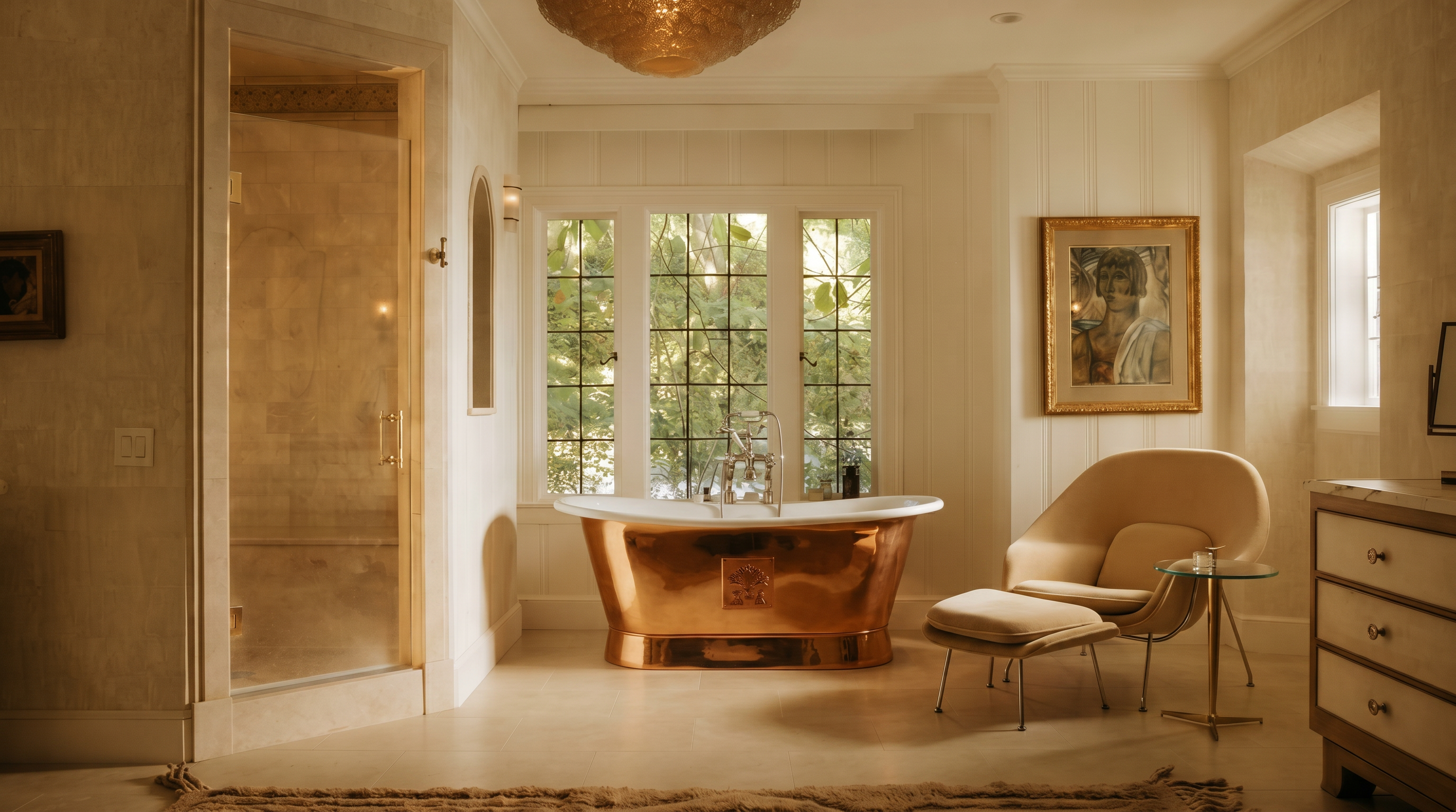 This luxurious primary bathroom features a stunning copper soaking tub as its centerpiece, positioned elegantly in front of a large window. The room is appointed with a sophisticated lounge chair and ottoman, a glass-enclosed shower, and high-end finishes that create a serene, spa-like atmosphere. The warm lighting and neutral color palette enhance the overall sense of opulence and relaxation.