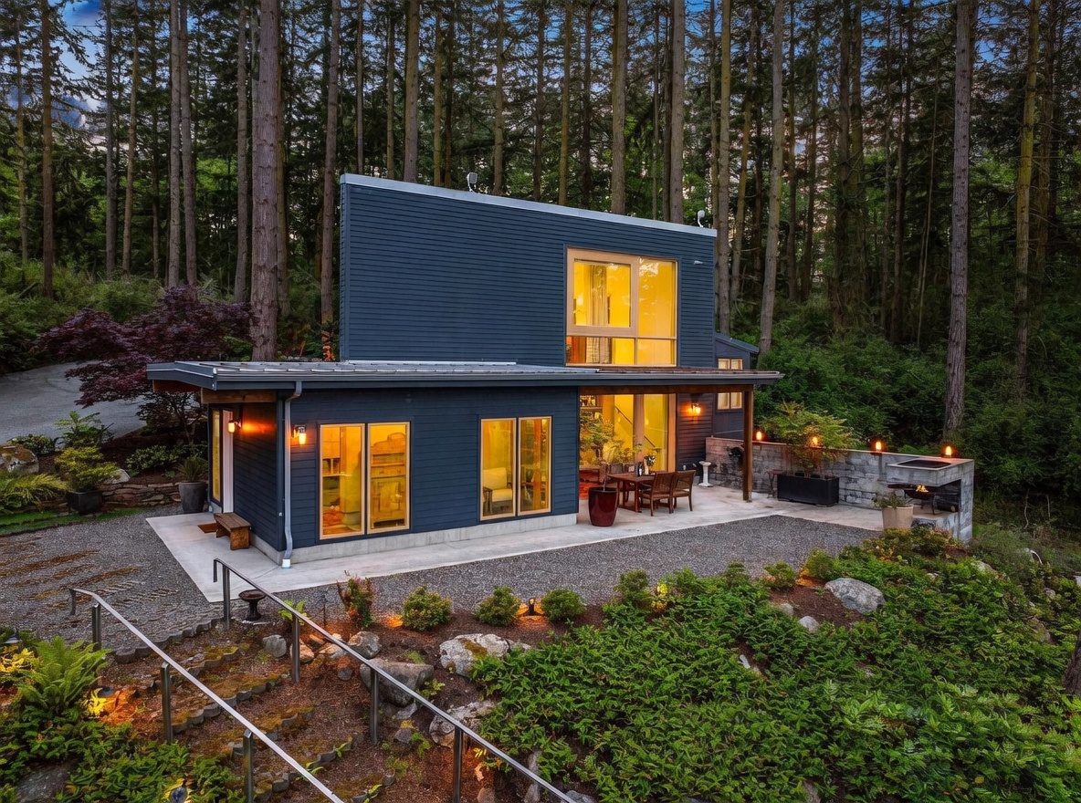 This contemporary home features a striking dark-sided exterior with a mix of shed-style rooflines and large windows that glow warmly against the backdrop of a dense forest. A spacious concrete patio extends from the house, offering an outdoor dining area and a built-in stone fire feature, all set within a landscaped yard with gravel paths and tiered garden beds. The perspective is elevated, capturing the home's integration into its wooded environment during the twilight hours.