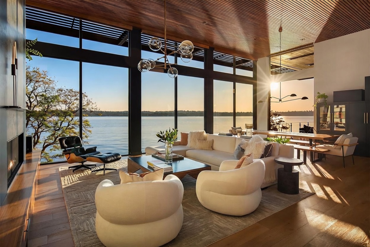 This sophisticated living room features an open-concept layout with expansive glass walls that frame a serene waterfront view. The space is anchored by a plush, light-toned sectional sofa and two rounded accent chairs, all resting on a textured area rug atop warm wood flooring. A striking modern chandelier hangs from the slatted wood ceiling, while a sleek fireplace with a dark surround adds a dramatic focal point to the left side of the room.