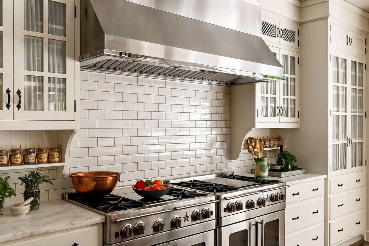 This elegant kitchen features a professional-grade stainless steel range set against a classic white subway tile backsplash. The space is framed by white cabinetry with glass-front upper doors and light-toned stone countertops, creating a bright and timeless aesthetic. A large copper bowl and a bowl of fresh produce sit on the counter, adding warmth and texture to the functional cooking area.