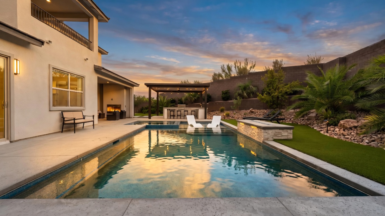 This luxurious backyard features a pristine rectangular swimming pool with a built-in tanning ledge and two lounge chairs. Adjacent to the pool is a covered outdoor kitchen area with bar seating, and a stone-clad fire feature adds a sophisticated touch to the poolside lounge space. The scene is framed by a manicured lawn, desert-style landscaping, and a tall privacy wall, creating a serene and private outdoor retreat.