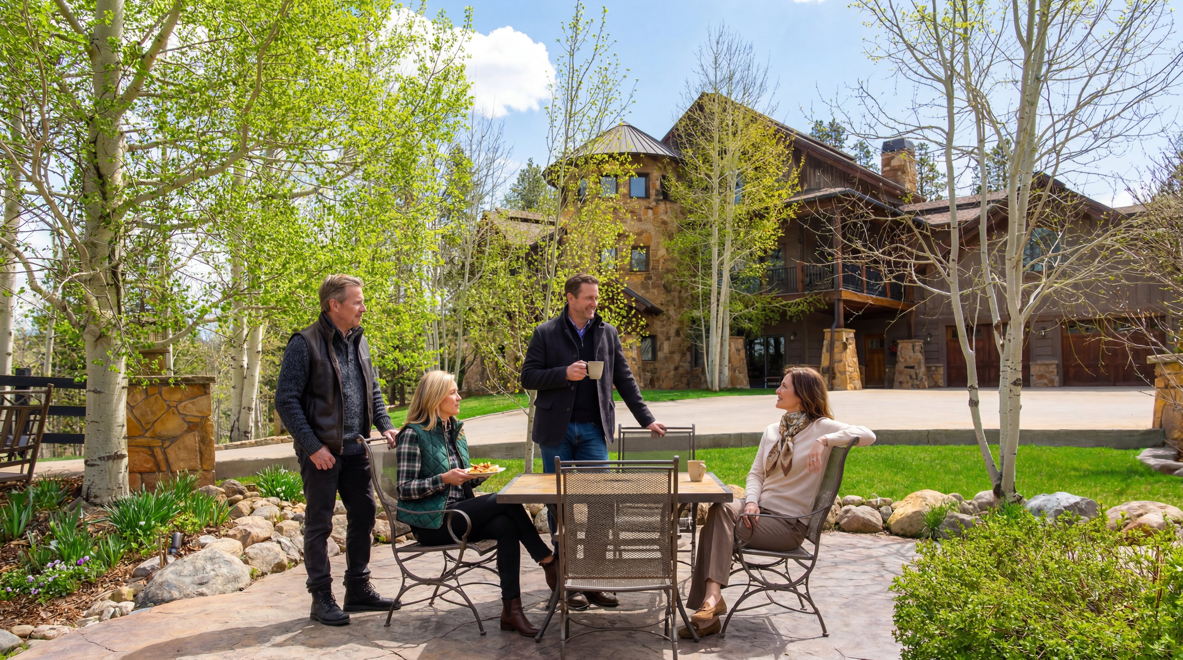 This image captures a spacious stone-paved patio in the foreground, furnished with a metal dining set, overlooking a lush green lawn and a grand multi-story mountain home. The residence features a distinctive stone-clad turret, warm wood siding, and a large driveway, all set against a backdrop of mature aspen trees and a clear blue sky. The perspective is from the patio looking toward the house, emphasizing the seamless transition between outdoor living spaces and the impressive architectural design of the property.