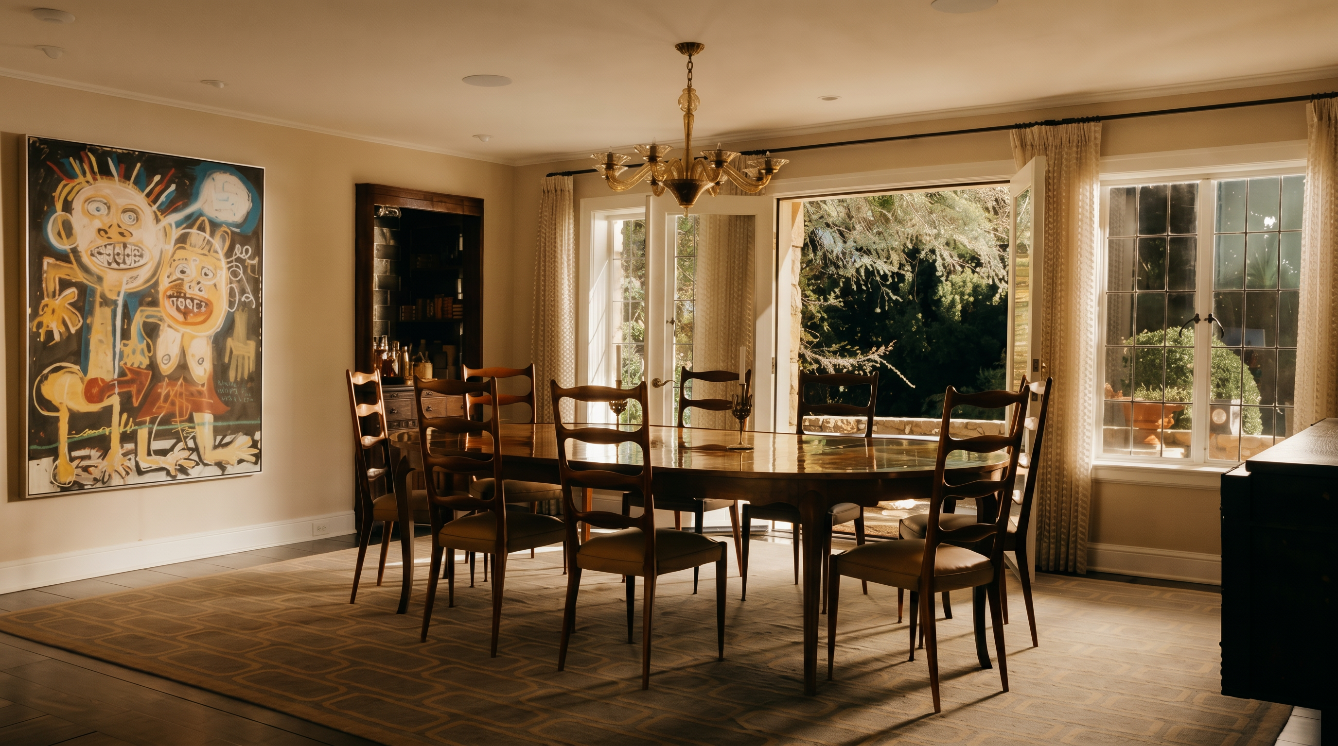 This elegant dining room features a large, polished wooden table surrounded by six matching chairs, set beneath a sophisticated gold-toned chandelier. A striking, large-scale abstract painting adorns the wall, while French doors open to a lush, sunlit outdoor view, creating a seamless transition between indoor and outdoor living. The space is grounded by a patterned area rug and complemented by a built-in bar area, offering a refined and inviting atmosphere for formal dining.