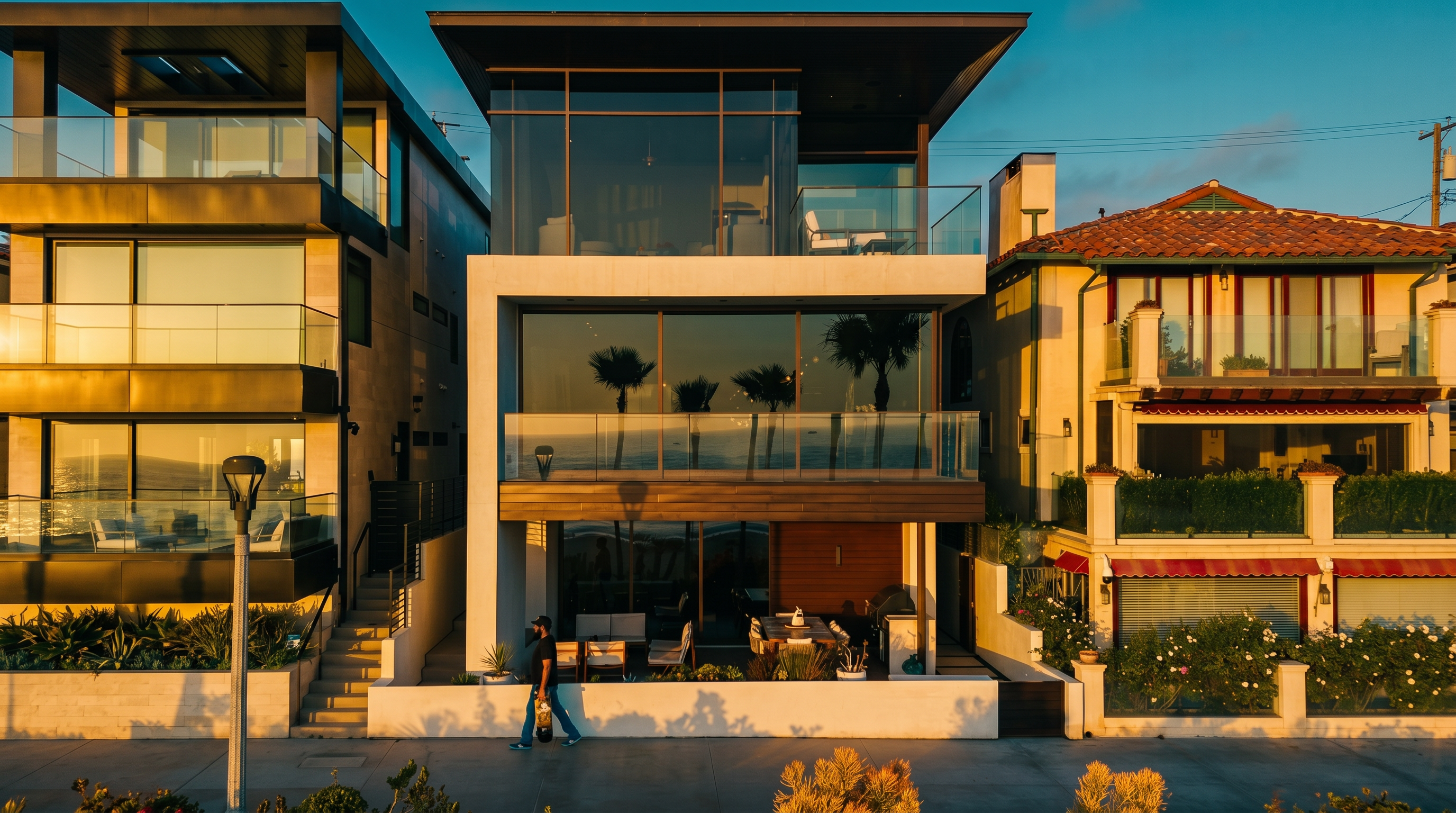 This contemporary three-story beachfront residence features a striking modern design with extensive glass walls and clean, geometric lines. The home includes multiple levels of balconies with glass railings, providing unobstructed views of the ocean, and a ground-level patio area perfect for outdoor dining. The structure is flanked by neighboring homes, emphasizing its prime location along a coastal walkway where a person is seen walking with a skateboard.