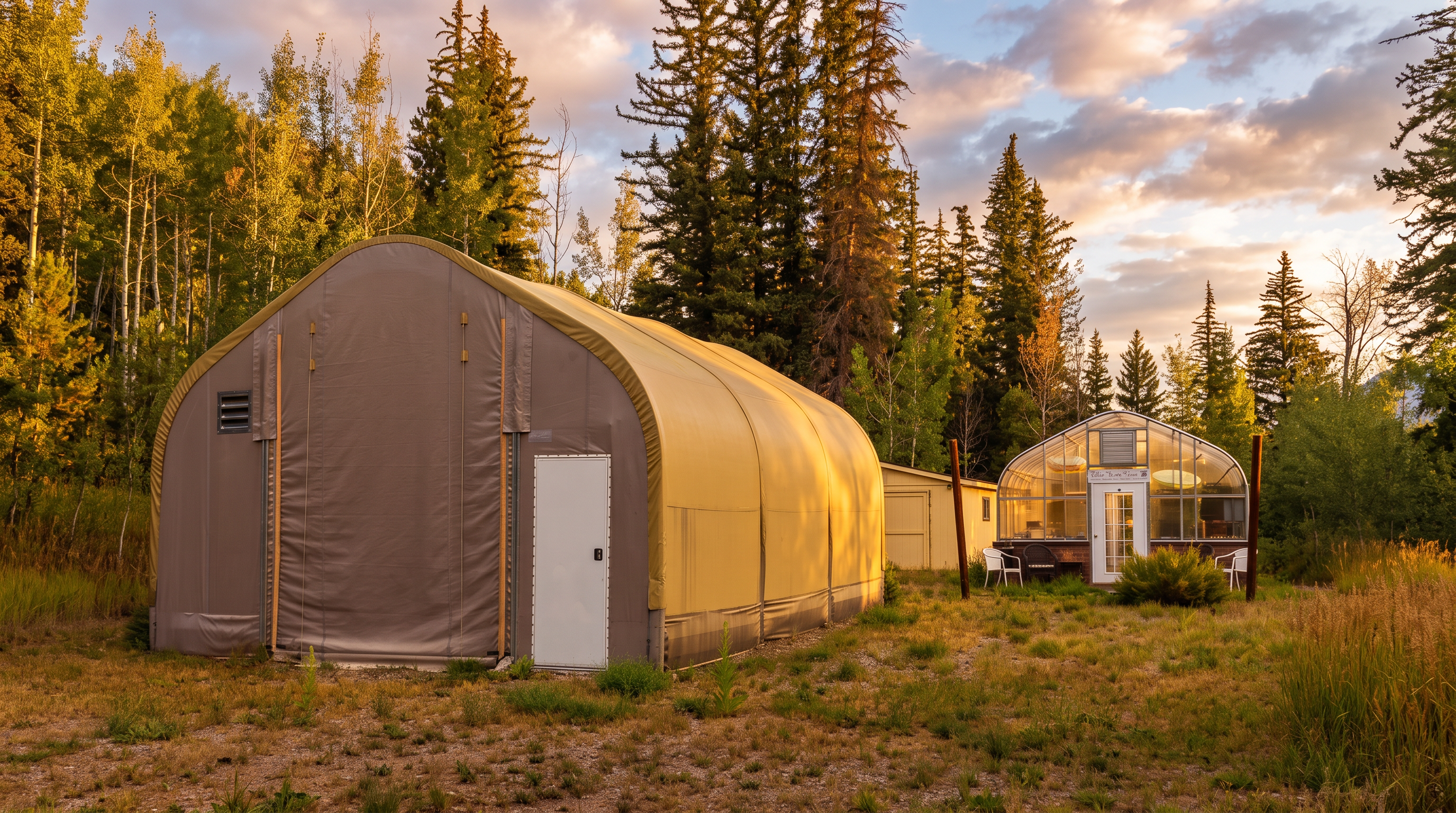 This outdoor space features a large, arched-roof storage structure with a tan fabric exterior positioned prominently in the foreground. Behind it sits a glass-walled greenhouse, creating a functional garden or workspace area set against a backdrop of dense pine trees and natural landscape. The scene is captured from a ground-level perspective, emphasizing the rural, utilitarian nature of the property.