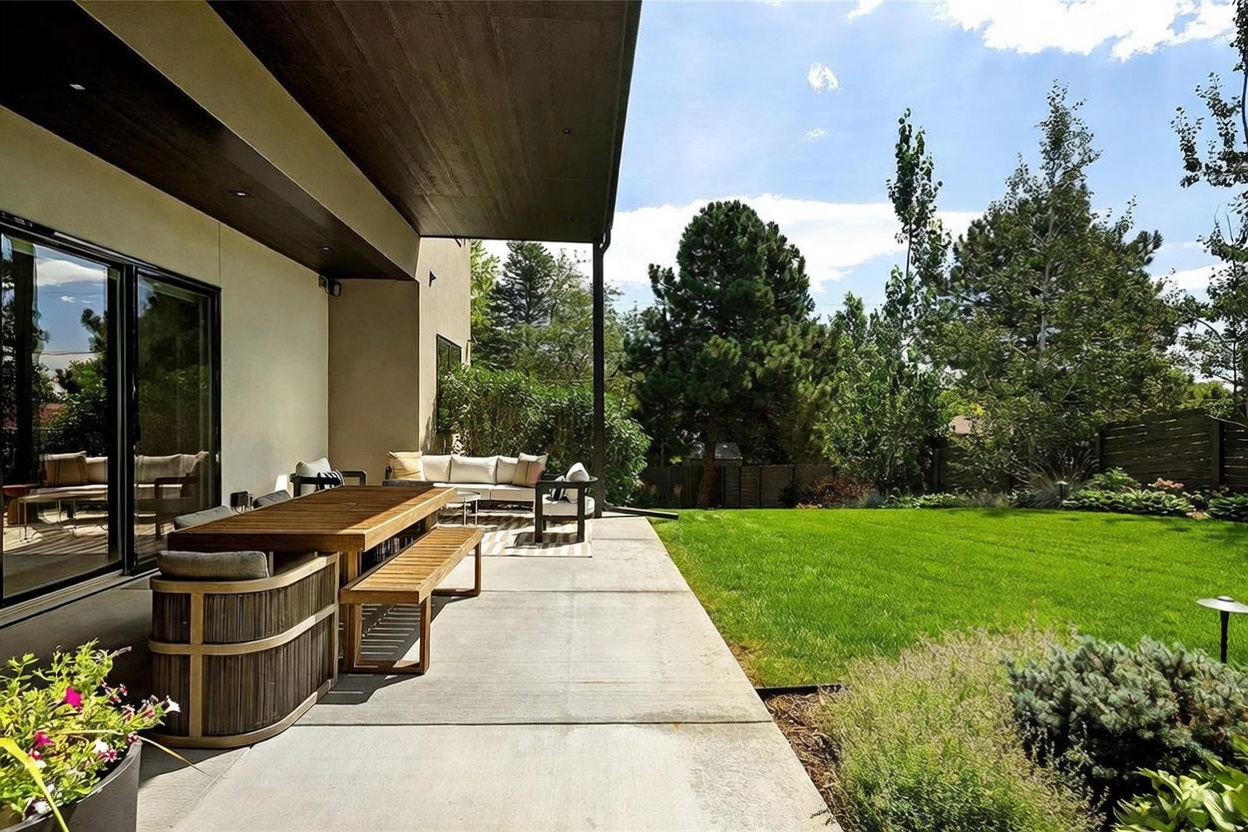 This image showcases a spacious, covered concrete patio that seamlessly transitions into a lush, well-manicured backyard. The outdoor living area is furnished with a wooden dining table, a matching bench, and a comfortable sofa set, creating an inviting space for relaxation or entertaining. Large sliding glass doors connect the interior to the patio, while the surrounding mature trees and vibrant green lawn provide a serene and private atmosphere.