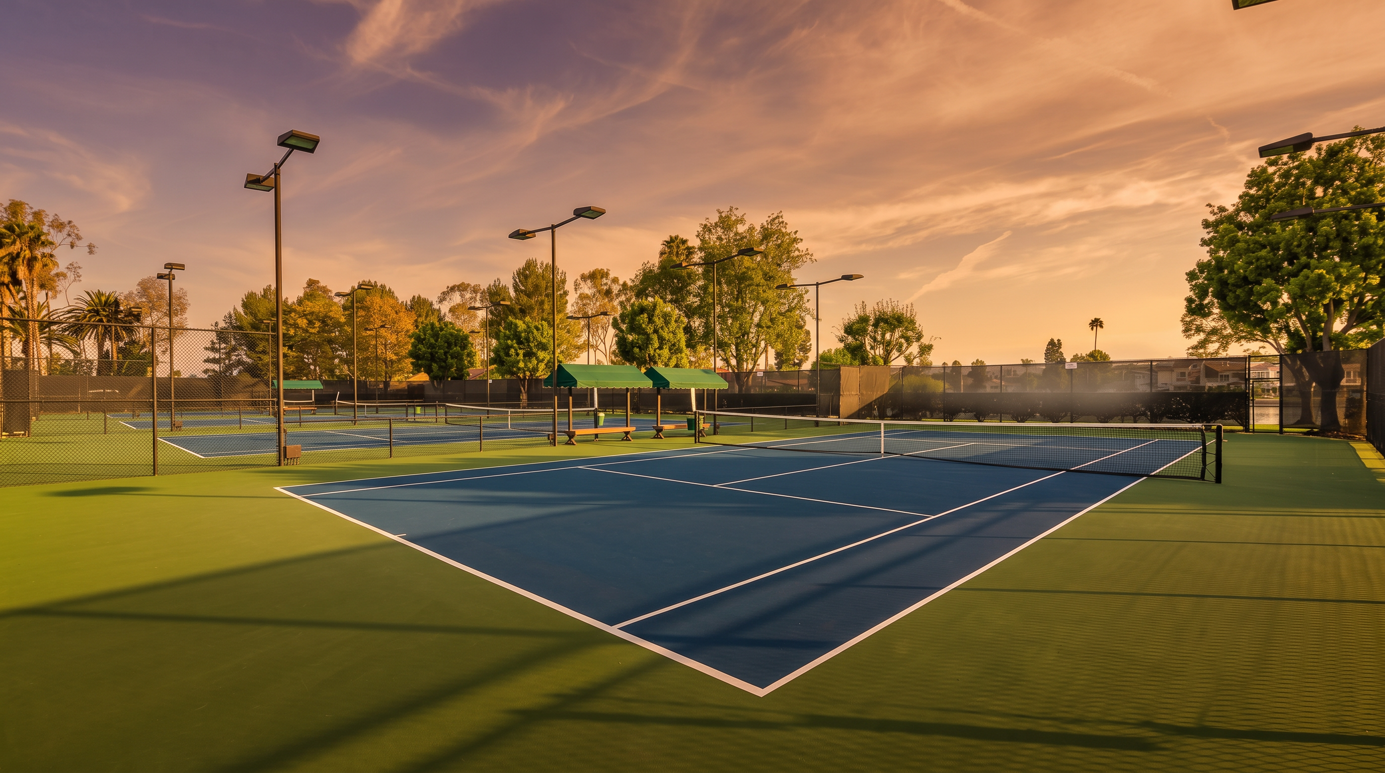 This image features a professionally maintained tennis court facility with multiple courts, defined by a vibrant blue playing surface contrasted with a surrounding green border. The area includes convenient shaded seating benches, tall perimeter fencing, and well-positioned lighting fixtures for evening play. It presents an inviting and high-quality recreational space that enhances the appeal of a residential community.