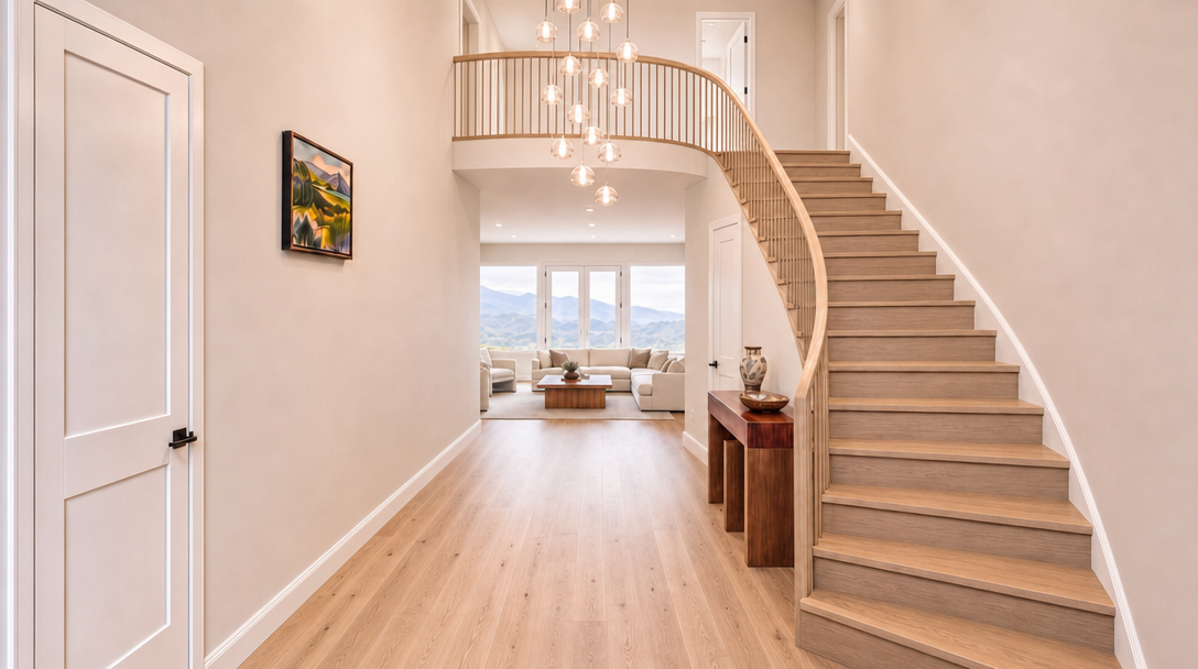 This grand entryway features a sweeping wooden staircase and light-colored hardwood flooring that creates an airy, open atmosphere. A sophisticated multi-globe pendant light fixture hangs from the high ceiling, accentuating the dramatic vertical space. The transition leads directly into a bright living room, showcasing a modern, minimalist design aesthetic with views of the mountains in the distance.