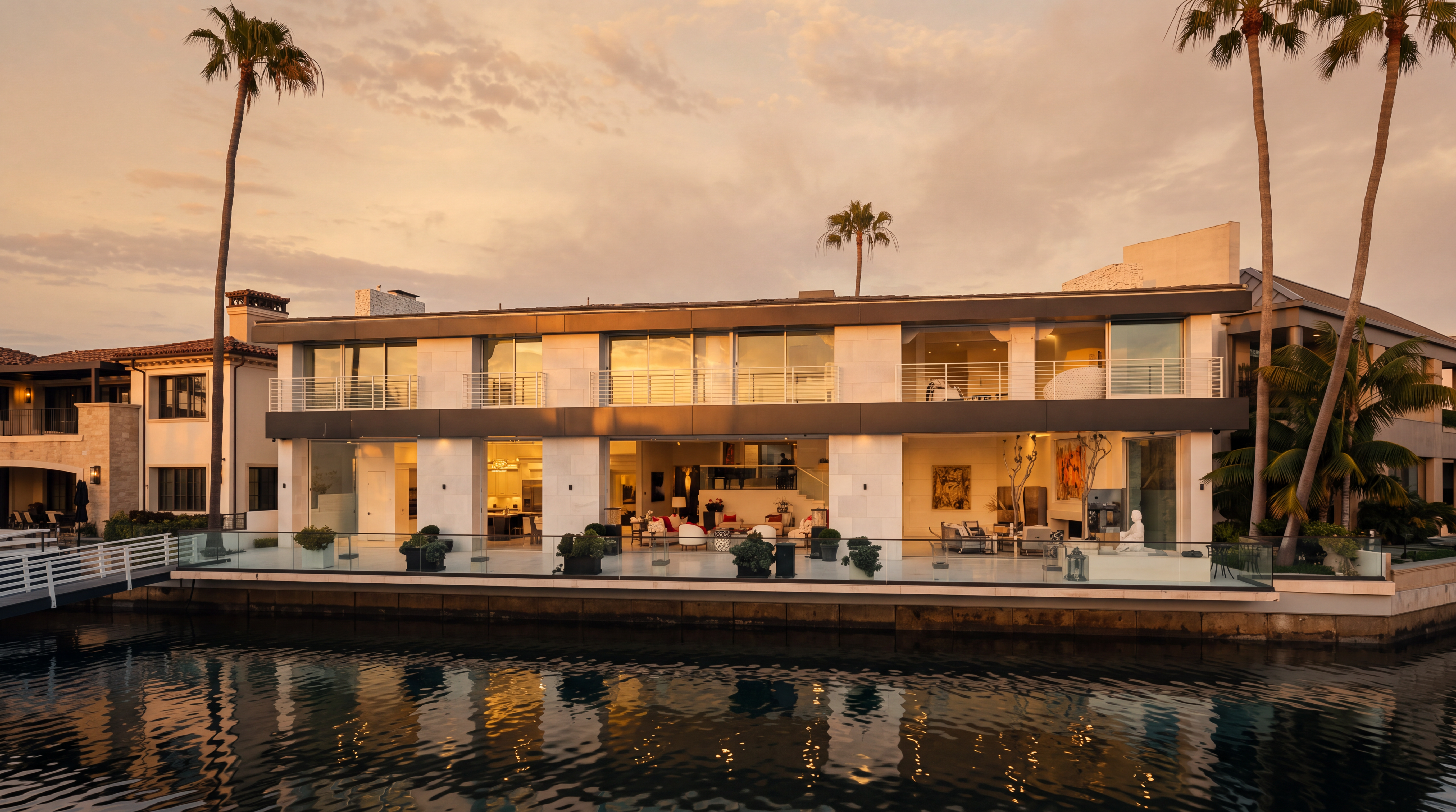 This modern waterfront residence features a sleek, contemporary design with expansive glass walls that open onto a spacious terrace overlooking the canal. The structure is characterized by clean horizontal lines, a neutral stone facade, and a glass-railed balcony on the second level. The twilight setting highlights the warm interior lighting, creating an inviting and luxurious atmosphere.