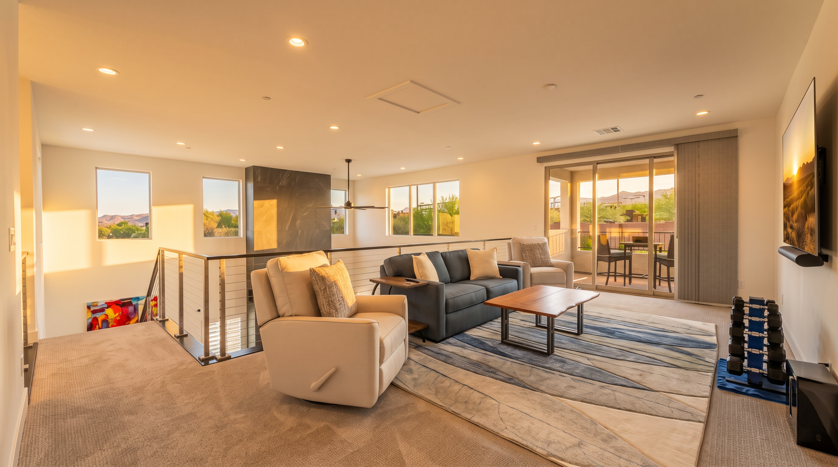 This spacious loft-style living area features a neutral color palette with a comfortable seating arrangement centered around a wooden coffee table and a patterned area rug. A tall, dark-toned chimney breast serves as a focal point, while large sliding glass doors provide access to a balcony and allow for ample natural light. The room includes a dedicated fitness corner with a rack of dumbbells and a wall-mounted television, creating a versatile multi-purpose space.