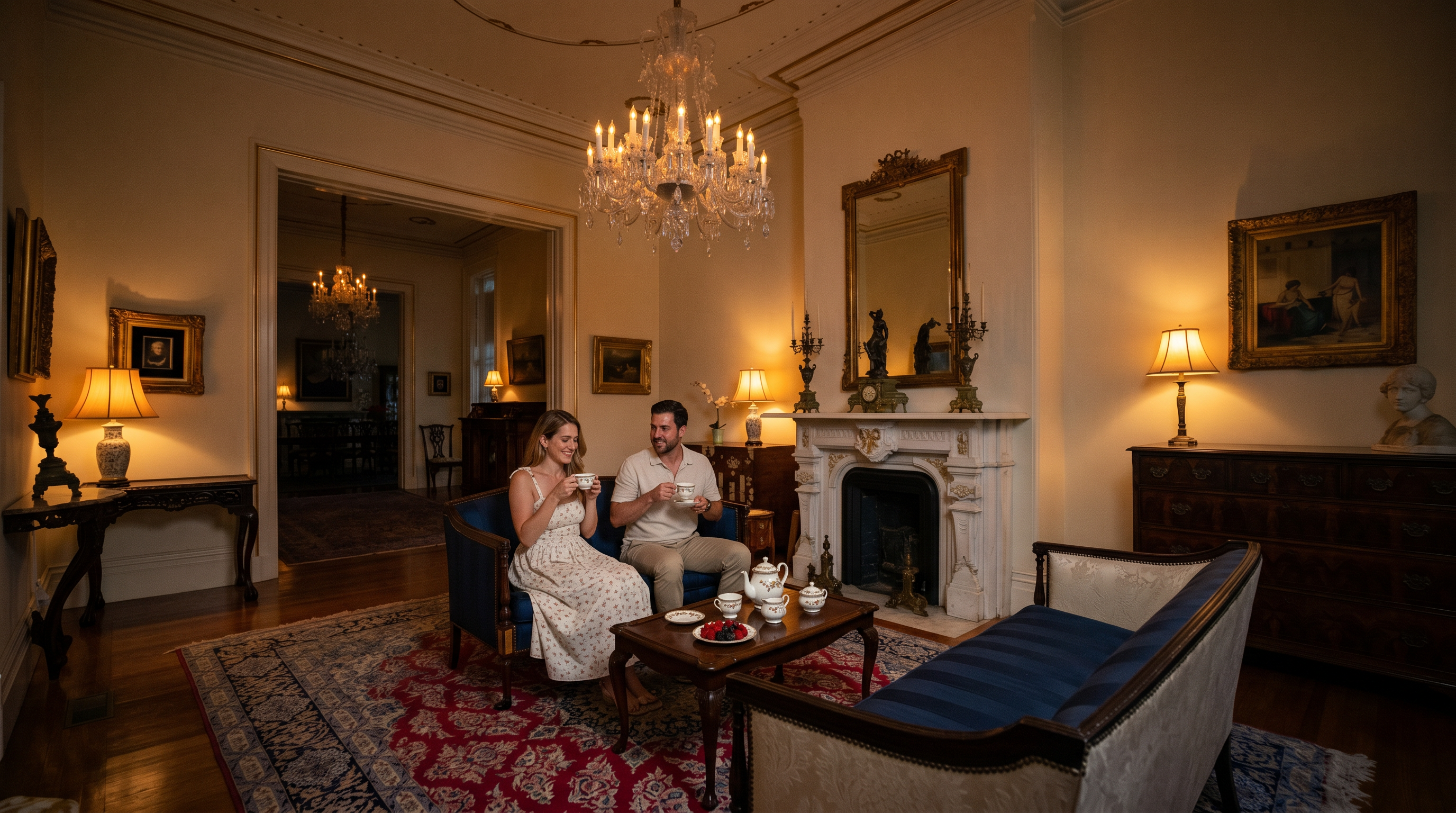 This elegant, formal living room features high ceilings with intricate gold-trimmed molding and a grand crystal chandelier. The space is anchored by a white fireplace mantel and a large, ornate patterned area rug, with a blue striped sofa and a cream-colored settee providing sophisticated seating. A view through the wide doorway reveals an adjacent dining room, emphasizing the home's spacious, open-concept layout and classic architectural style.