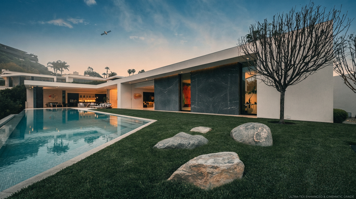 This stunning modern luxury estate features a sleek, minimalist architectural design with expansive glass walls that seamlessly blend indoor and outdoor living spaces. The property boasts a pristine, manicured lawn, a sparkling swimming pool, and artistic rock landscaping, all set against a clear blue sky. The perspective is a wide-angle ground-level shot that emphasizes the home's impressive scale and sophisticated, contemporary aesthetic.