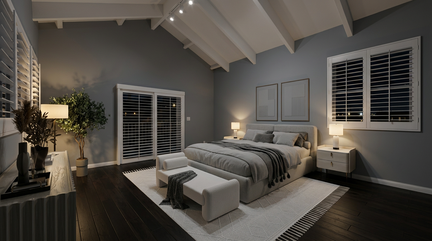 This sophisticated primary bedroom features a vaulted ceiling with exposed beams, dark hardwood flooring, and a neutral color palette that creates a serene atmosphere. Key highlights include a plush upholstered bed with layered textures, sleek bedside lamps, and large shuttered windows that allow for controlled natural light. The room is thoughtfully staged with a modern bench at the foot of the bed and artistic wall decor, offering a polished and inviting retreat.