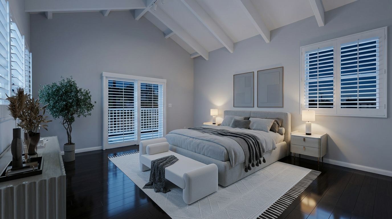 This spacious primary bedroom features a modern, neutral aesthetic with vaulted ceilings and dark hardwood flooring. It is well-appointed with a king-sized bed, a sleek bench, and two matching nightstands, all framed by elegant shutter-covered windows that add a touch of sophistication. The calm, monochromatic palette and soft ambient lighting create a tranquil and inviting retreat.