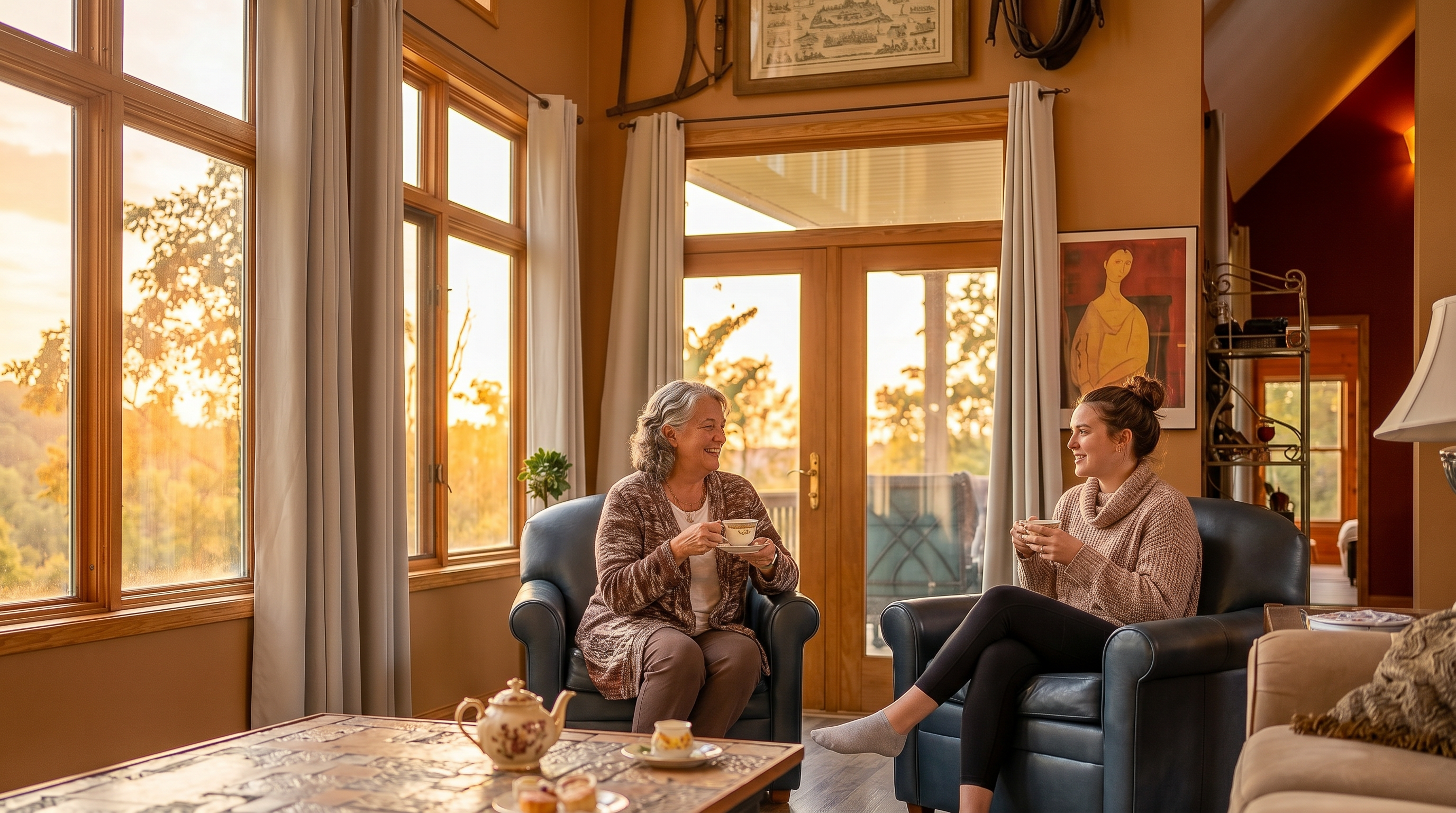 This spacious living room features a vaulted ceiling and an expansive wall of large windows that provide abundant natural light and scenic views of the surrounding landscape. The room is furnished with a comfortable beige sofa, two dark blue leather armchairs, and a central coffee table set atop a patterned area rug. A warm, inviting atmosphere is created by the neutral wall tones and the open-concept layout that flows into an adjacent dining area.