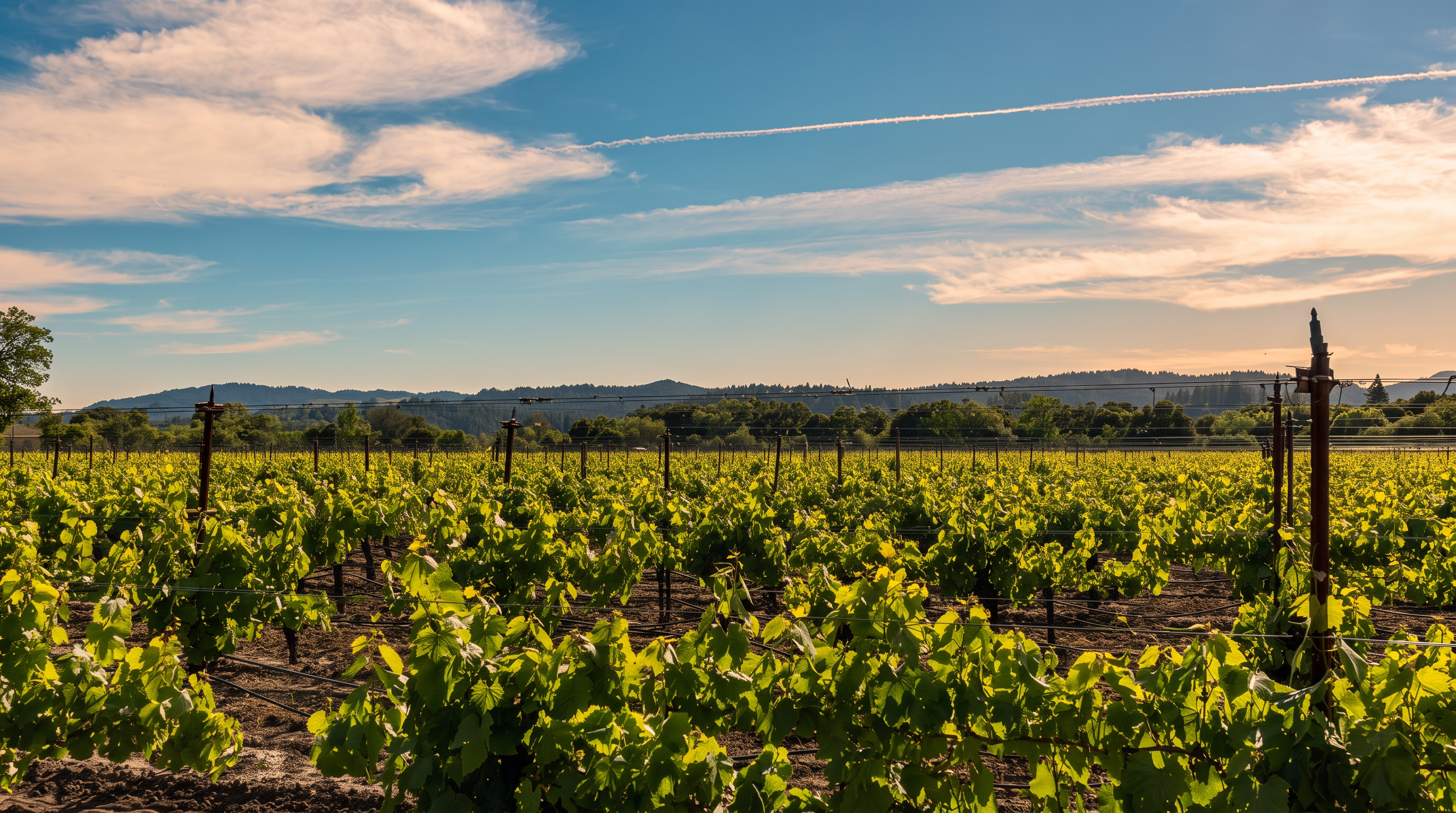 This image captures a sprawling, well-maintained vineyard under a bright, clear blue sky with wispy clouds. Rows of lush green grapevines stretch across the foreground and middle ground, supported by a structured trellis system with wooden posts and wire lines. In the distance, rolling hills covered in dense forest create a scenic backdrop, emphasizing the expansive and tranquil nature of the property.