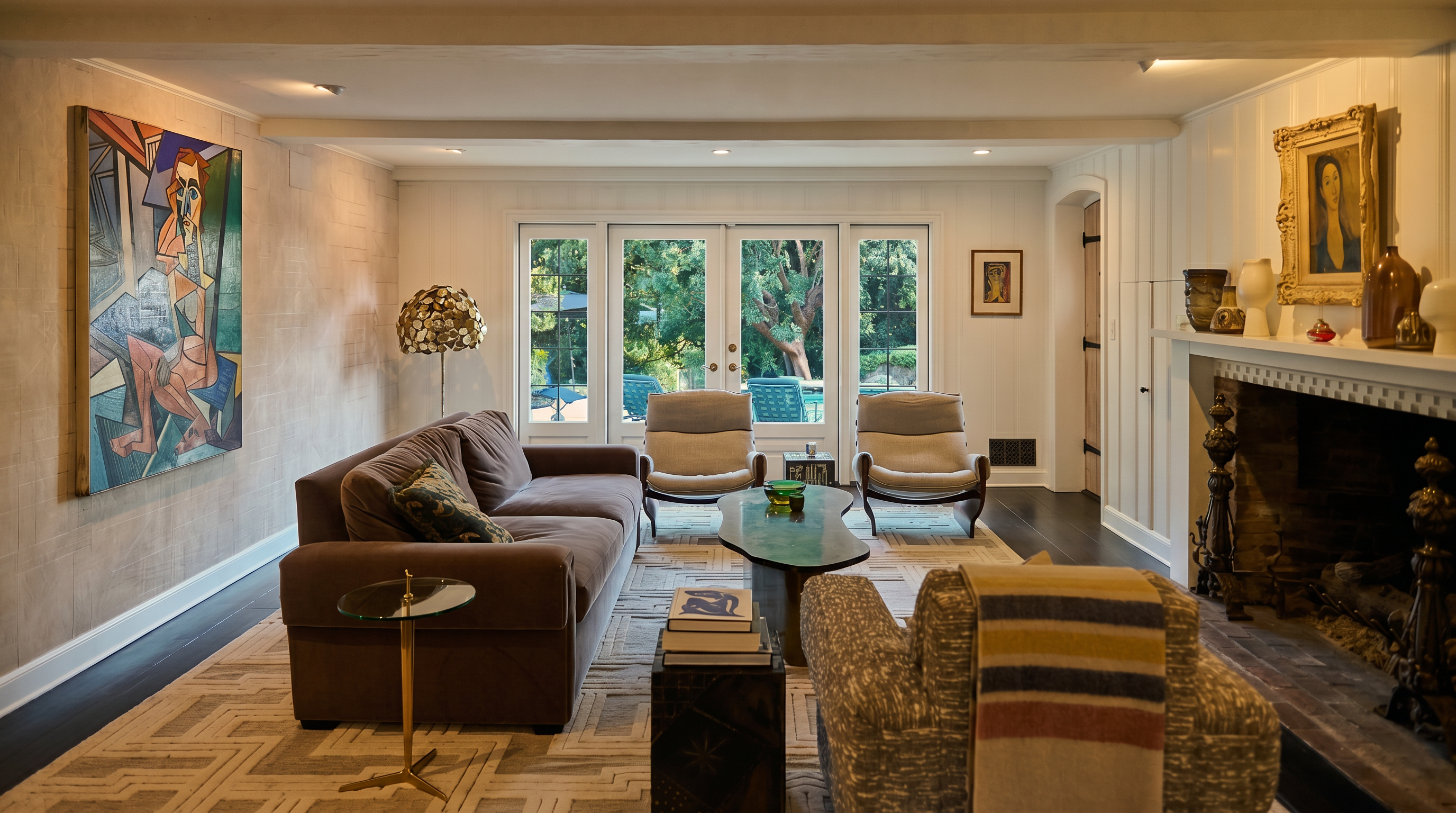 This elegant living room features a sophisticated blend of modern art and classic comfort, anchored by a large brown sofa and a brick fireplace. The space is illuminated by natural light streaming through a set of French doors that look out onto a lush garden, creating a seamless indoor-outdoor connection. With its rich hardwood floors, textured area rug, and curated decor, the room exudes a warm, inviting, and upscale atmosphere.