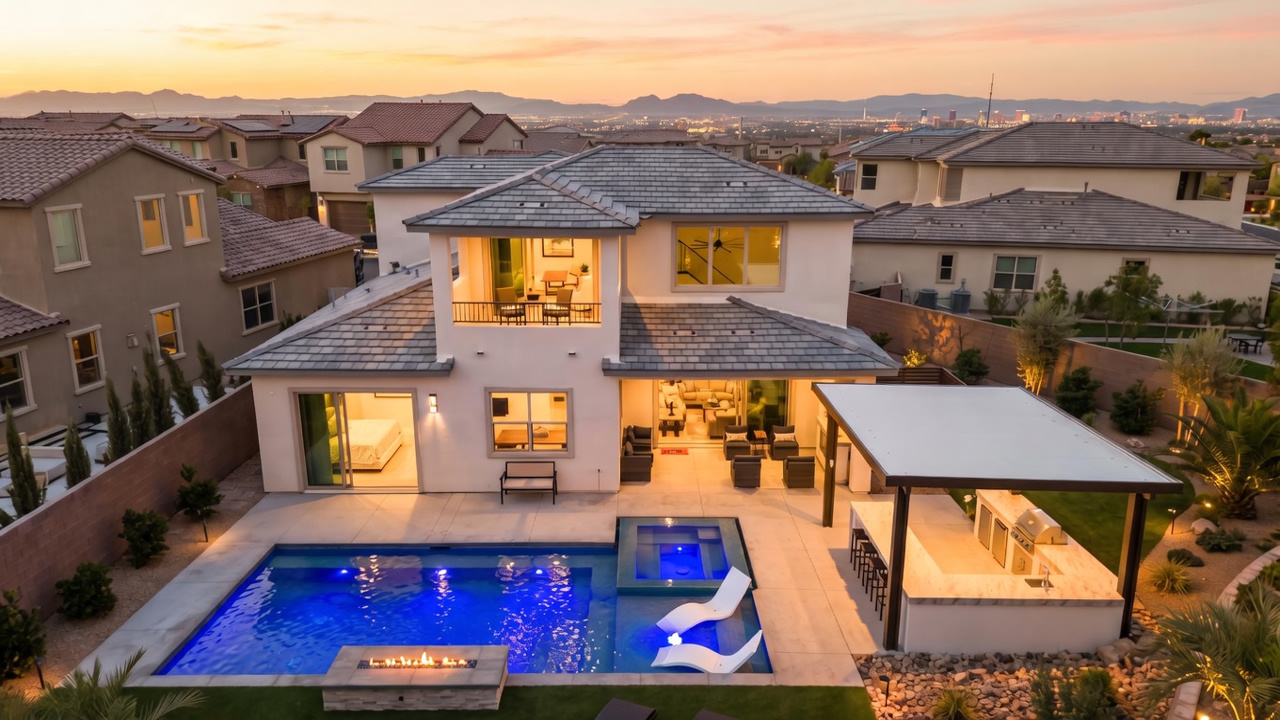 This aerial view captures a luxurious two-story residence at twilight, showcasing a beautifully landscaped backyard with a vibrant blue swimming pool and integrated spa. The outdoor living space features a covered patio with a built-in kitchen and bar, a fire pit area, and a second-story balcony overlooking the city lights in the distance. The home's contemporary design is complemented by clean hardscaping and ambient lighting, creating an inviting atmosphere for evening entertainment.