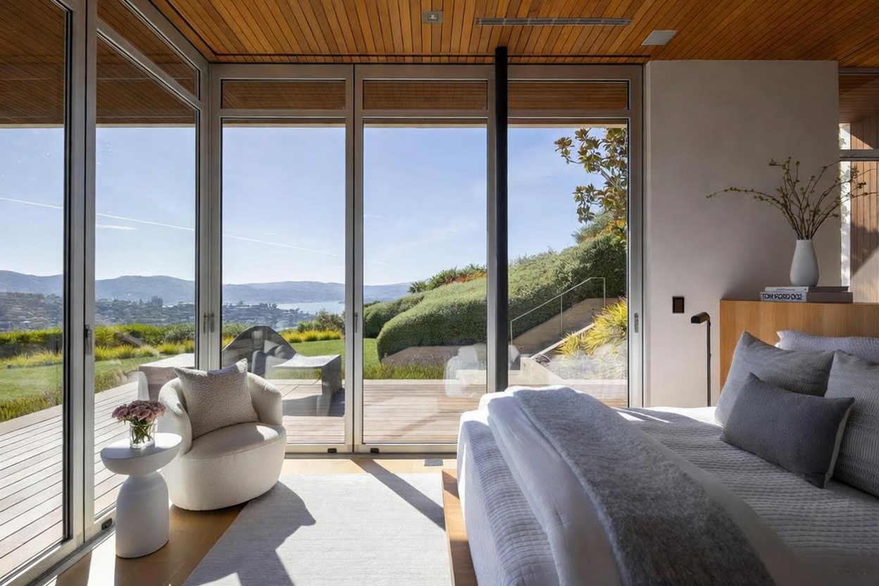 This serene primary bedroom features expansive floor-to-ceiling glass walls that frame a breathtaking panoramic view of the bay and rolling hills. The room is elegantly appointed with a plush, neutral-toned bed, a cozy textured armchair, and a minimalist side table, all set against a warm wood-paneled ceiling. The seamless transition between the interior space and the outdoor deck creates an airy, sophisticated atmosphere perfect for tranquil living.