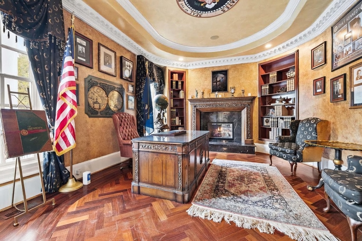 This sophisticated home office features rich herringbone-patterned wood flooring and a coffered ceiling with a circular inset. The room is anchored by a large, ornate wooden desk, a fireplace with a decorative mantel, and built-in shelving units on either side. Patriotic decor, including an American flag and presidential memorabilia, adds a formal and distinguished character to the space.