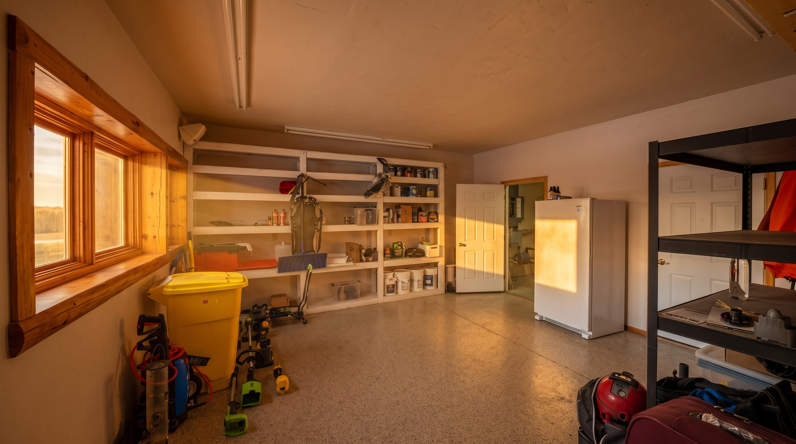 This functional garage space features durable speckled epoxy flooring and extensive built-in white shelving along the back wall for organized storage. A large white chest freezer stands near a doorway leading to a utility area, while a black metal shelving unit occupies the right side of the frame. The room is brightly lit by overhead fluorescent lighting, creating a clean and utilitarian environment suitable for workshop activities or extra storage.