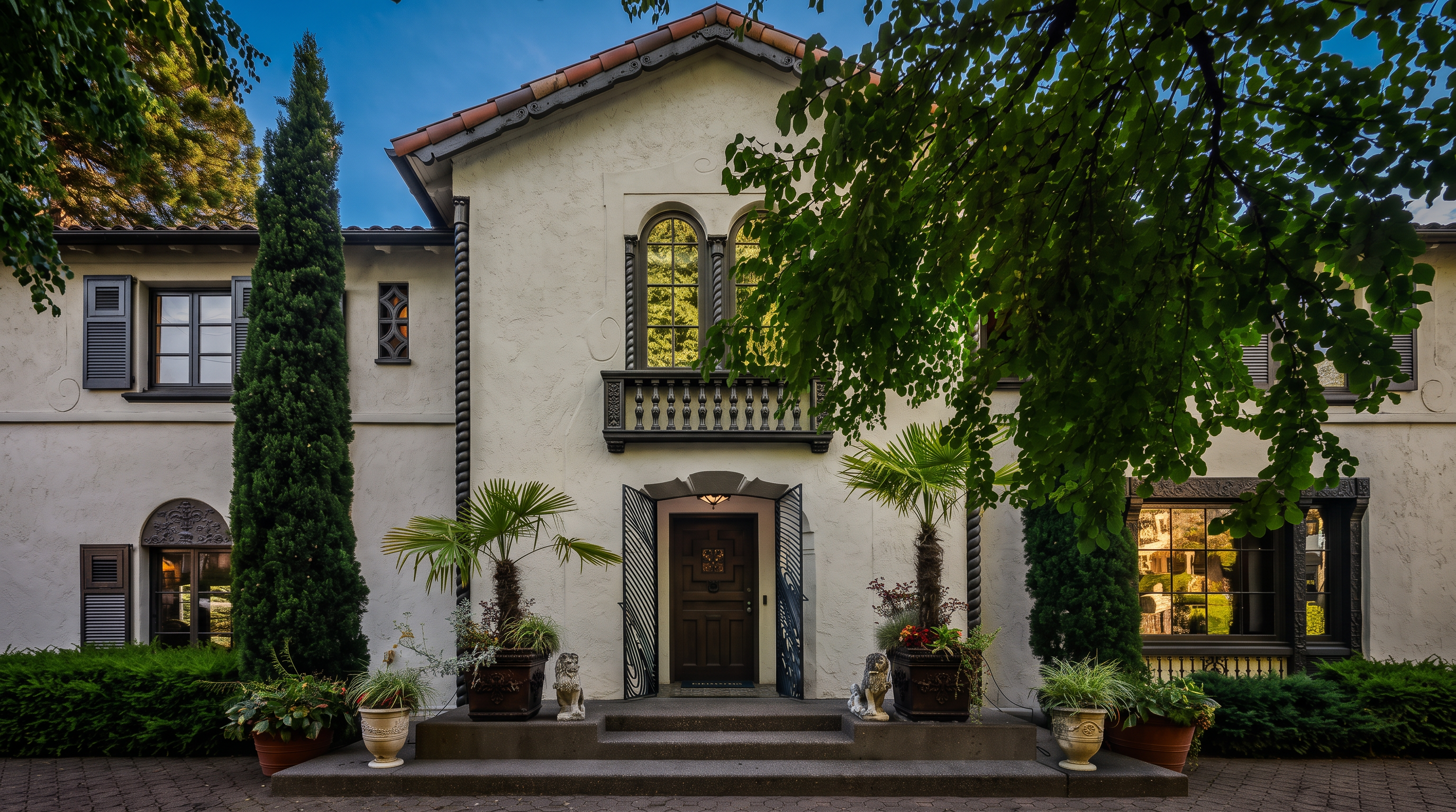 This Mediterranean-style home features a striking stucco facade with a prominent central gable and a decorative balcony above the main entrance. The entryway is framed by ornate iron gates, flanked by potted palm trees and stone statues, creating a grand and symmetrical curb appeal. A paved driveway leads up to the concrete steps, while mature trees and lush landscaping frame the structure, emphasizing its elegant and historic character.