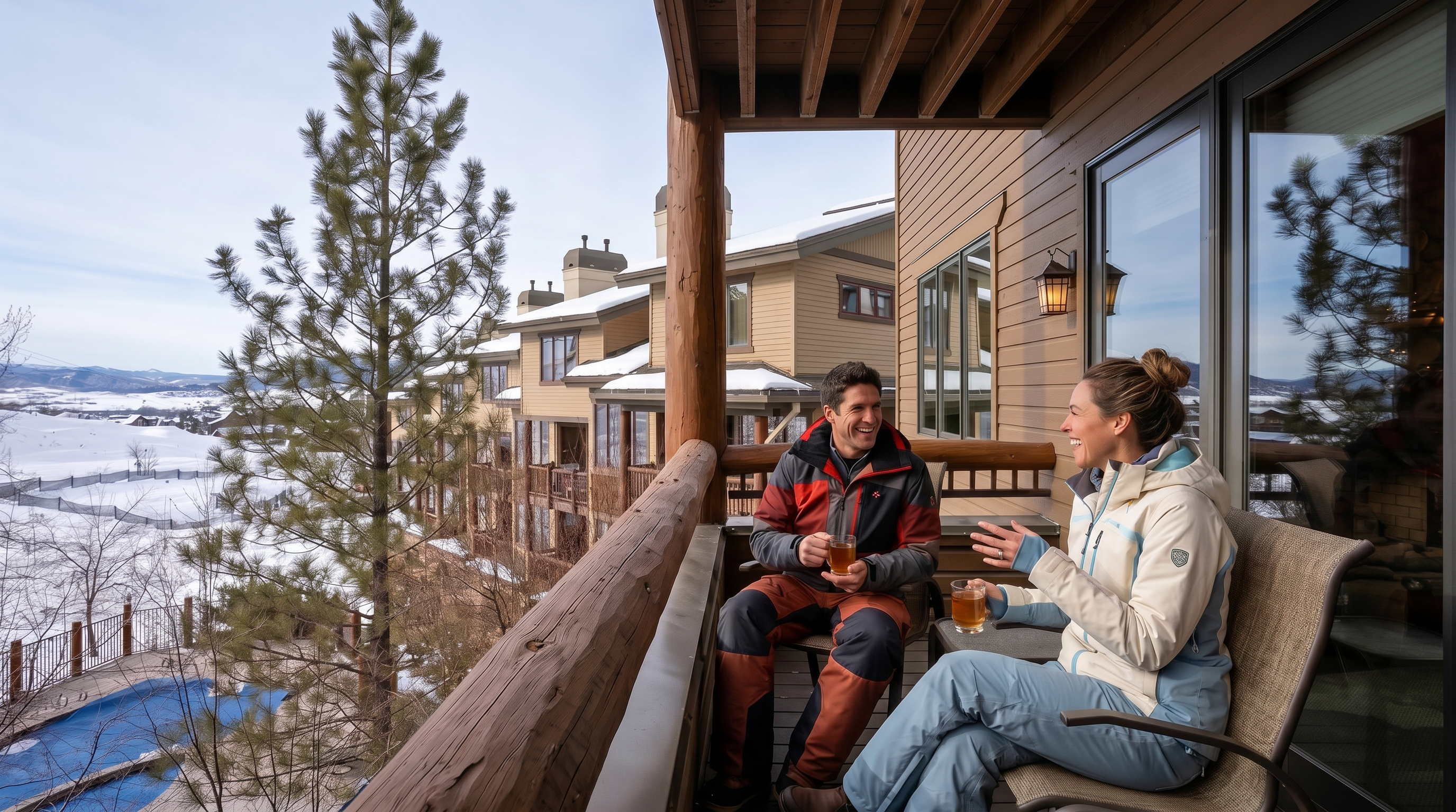 This elevated balcony features a rustic log railing and dark wood decking, providing a cozy outdoor space with two chairs and a small table. The perspective looks out over a snowy landscape with a swimming pool below and neighboring multi-story residential buildings in the distance. The scene captures a serene, mountain-resort atmosphere with clear views of the winter surroundings.